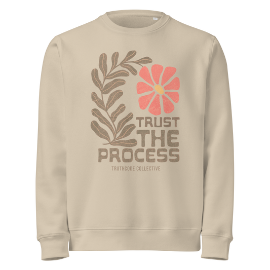 Beige organic sweatshirt with floral design and 'Trust The Process' text 