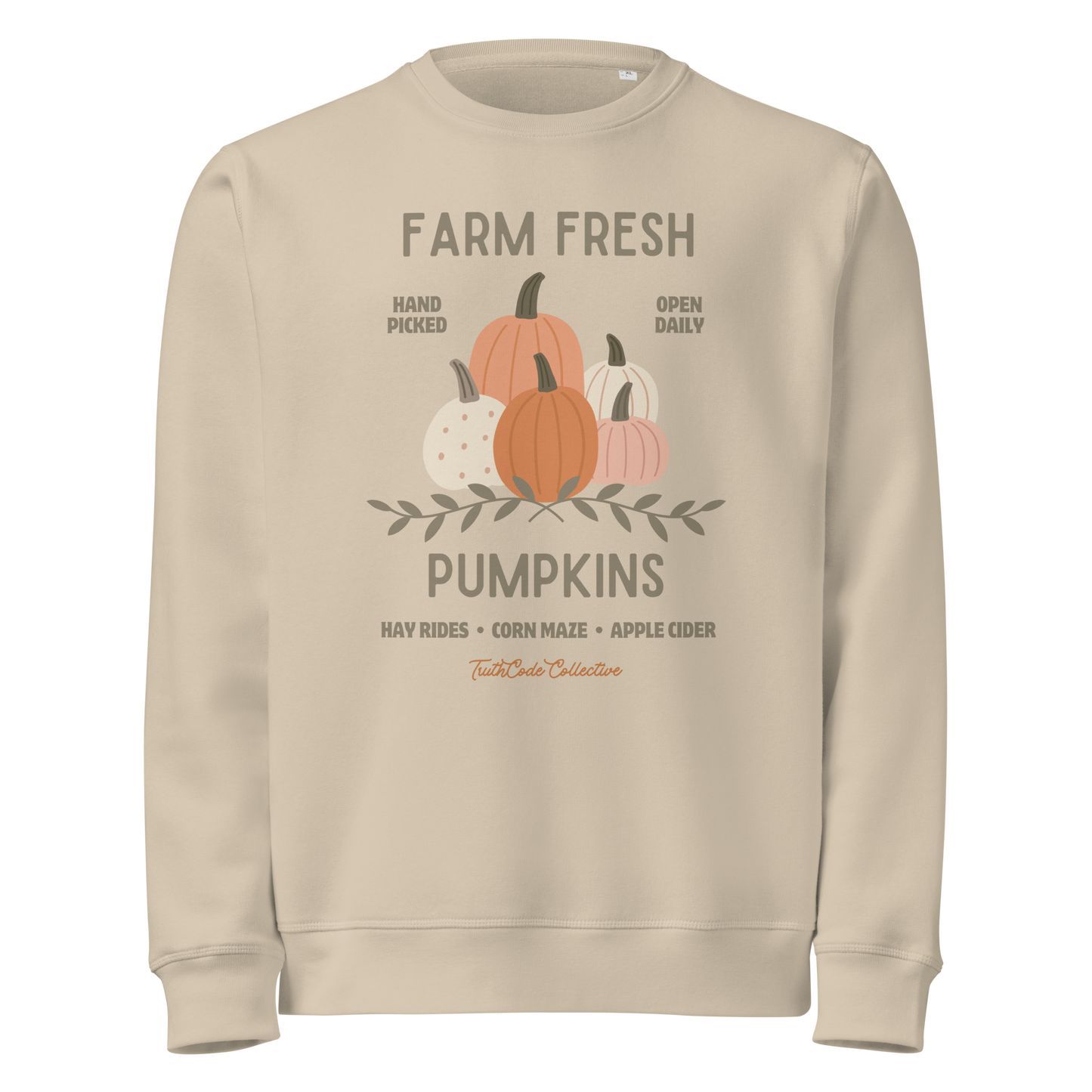 Beige organic sweatshirt with 'Farm Fresh Pumpkins' text and pumpkin graphic design on a white background