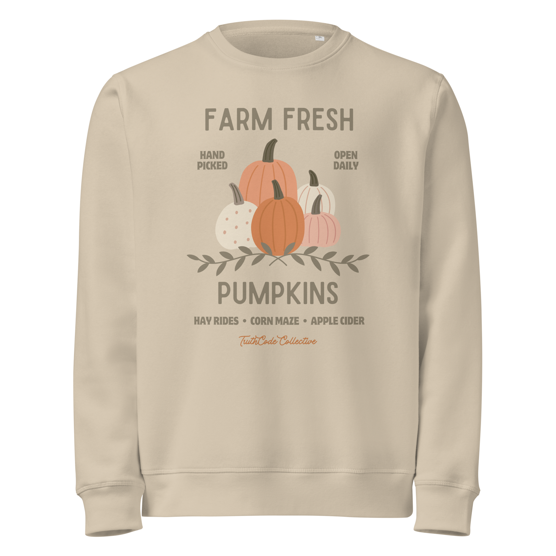 Beige organic sweatshirt with 'Farm Fresh Pumpkins' text and pumpkin graphic design on a white background
