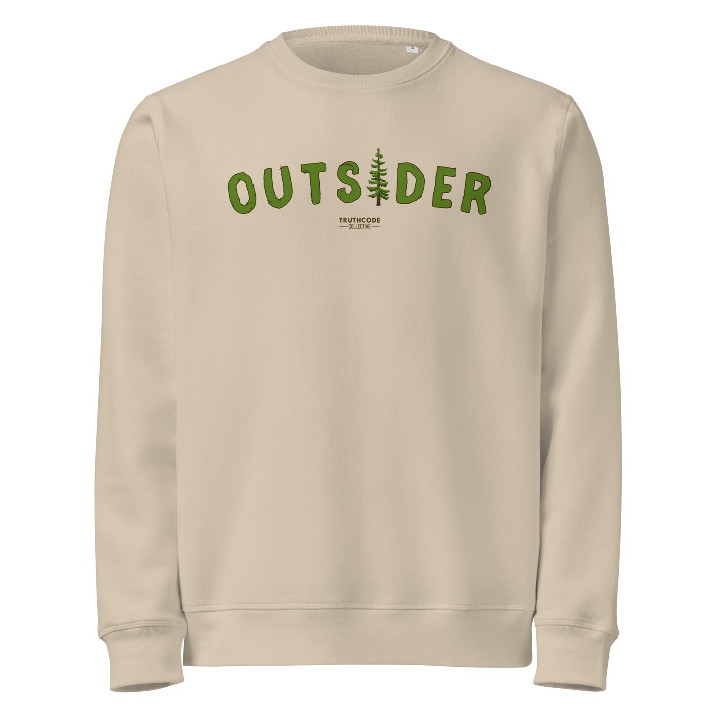 Beige organic sweatshirt with 'OUTSIDER' text and evergreen tree graphic on a white background