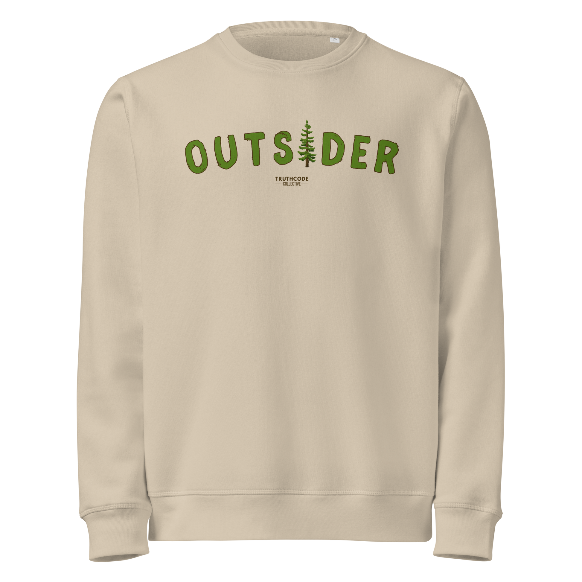 Beige organic sweatshirt with 'OUTSIDER' text and evergreen tree graphic on a white background