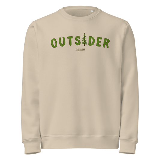 Beige organic sweatshirt with 'OUTSIDER' text and evergreen tree graphic on a white background