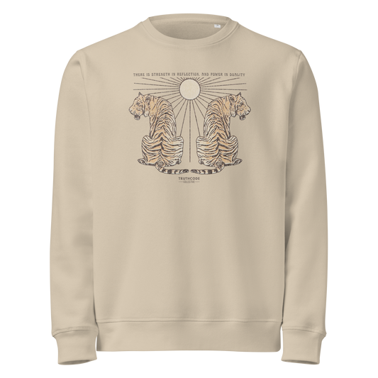 Beige organic sweatshirt with tiger design and text 'There is strength in reflection and power in duality'  on a white background