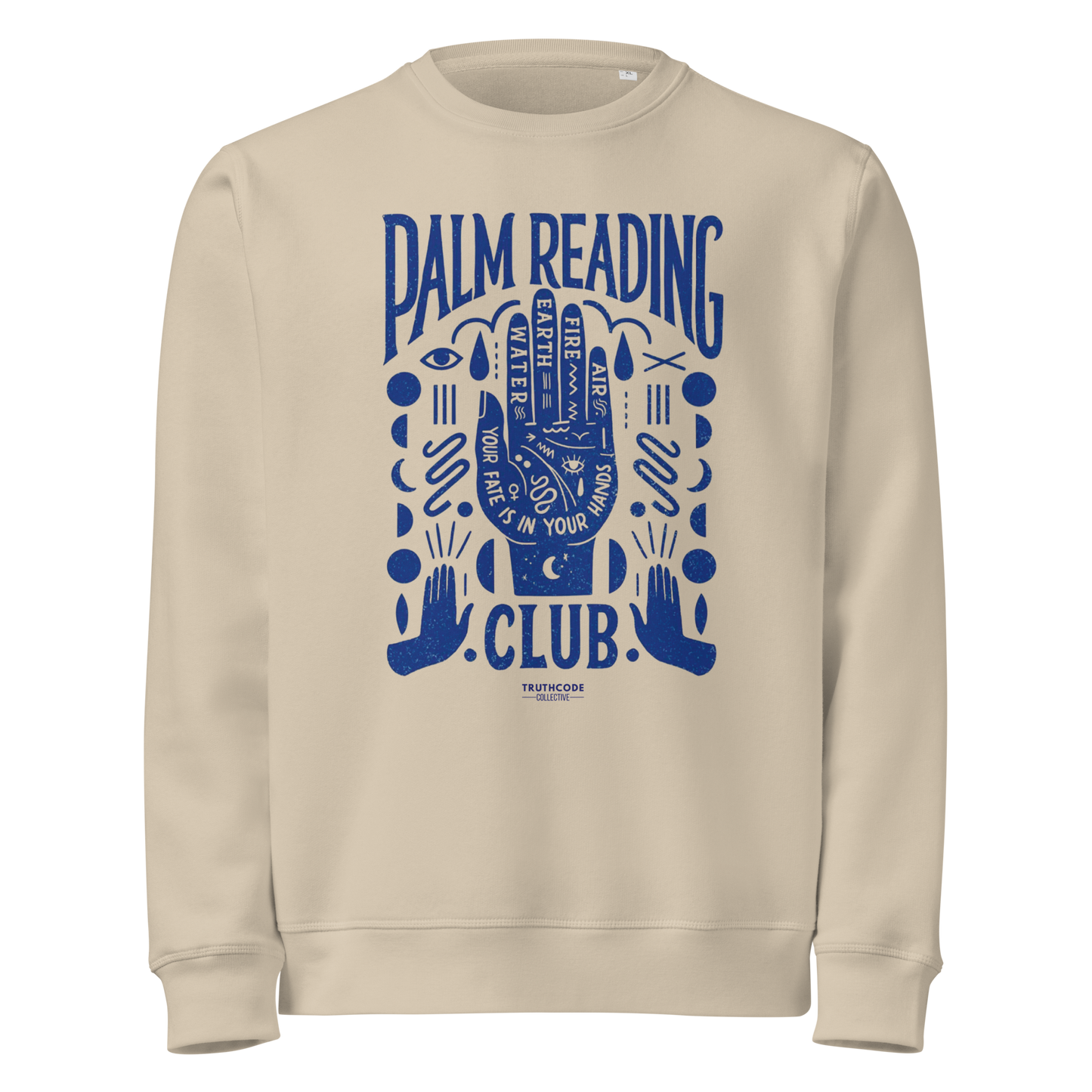 Beige organic sweatshirt with blue palm reading design and text 'Palm reading club' on a white background