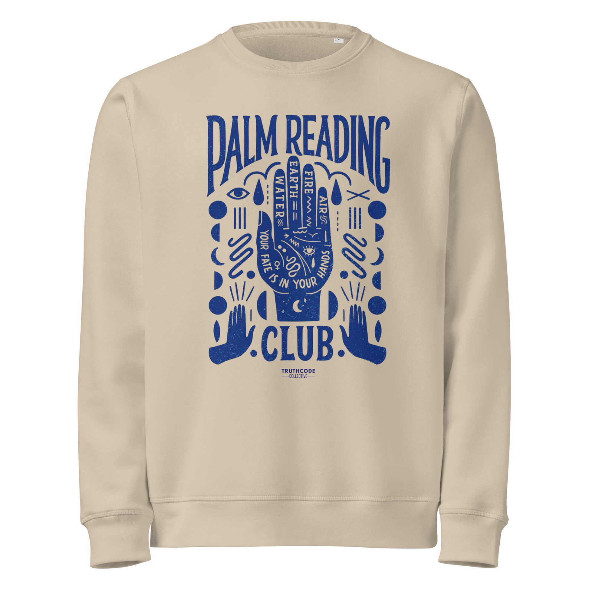 Beige organic sweatshirt with blue palm reading design and text 'Palm reading club' on a white background