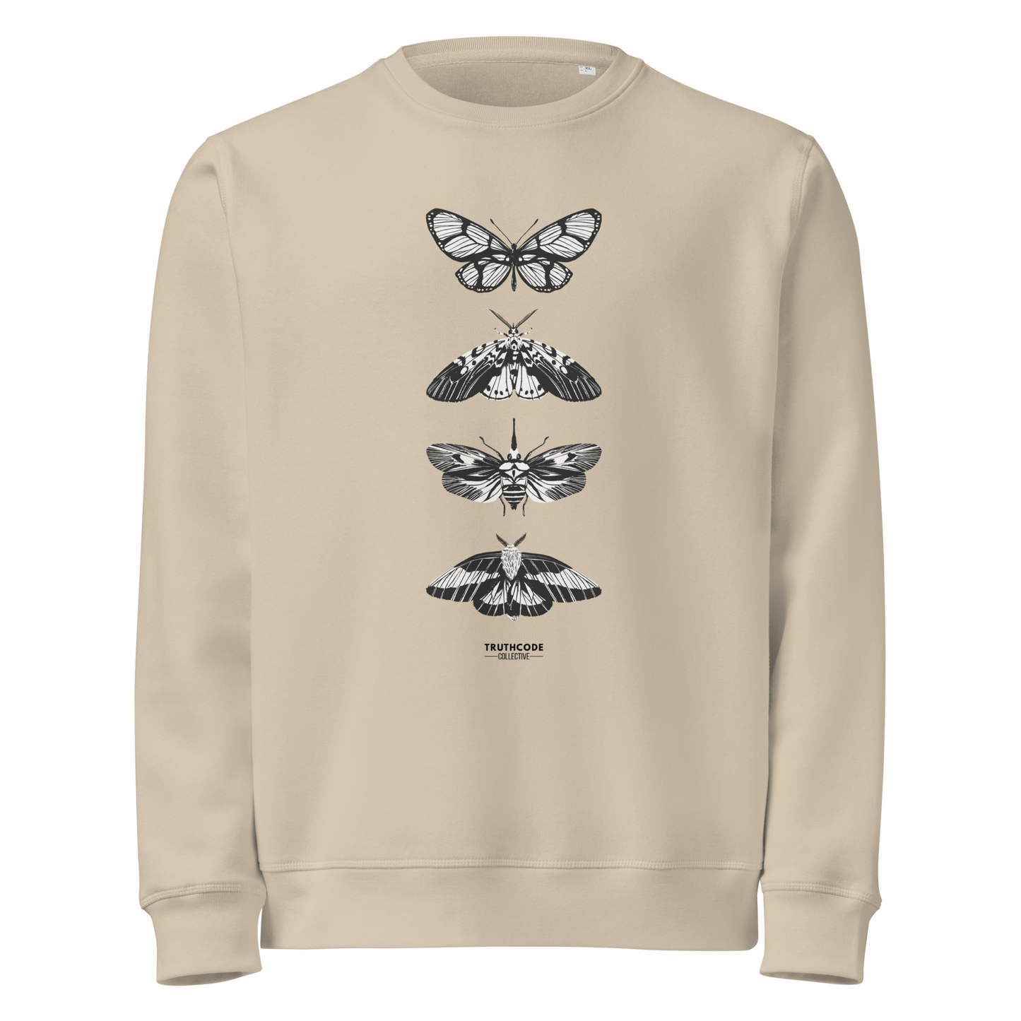 Beige organic sweatshirt with various butterfly designs on a white background