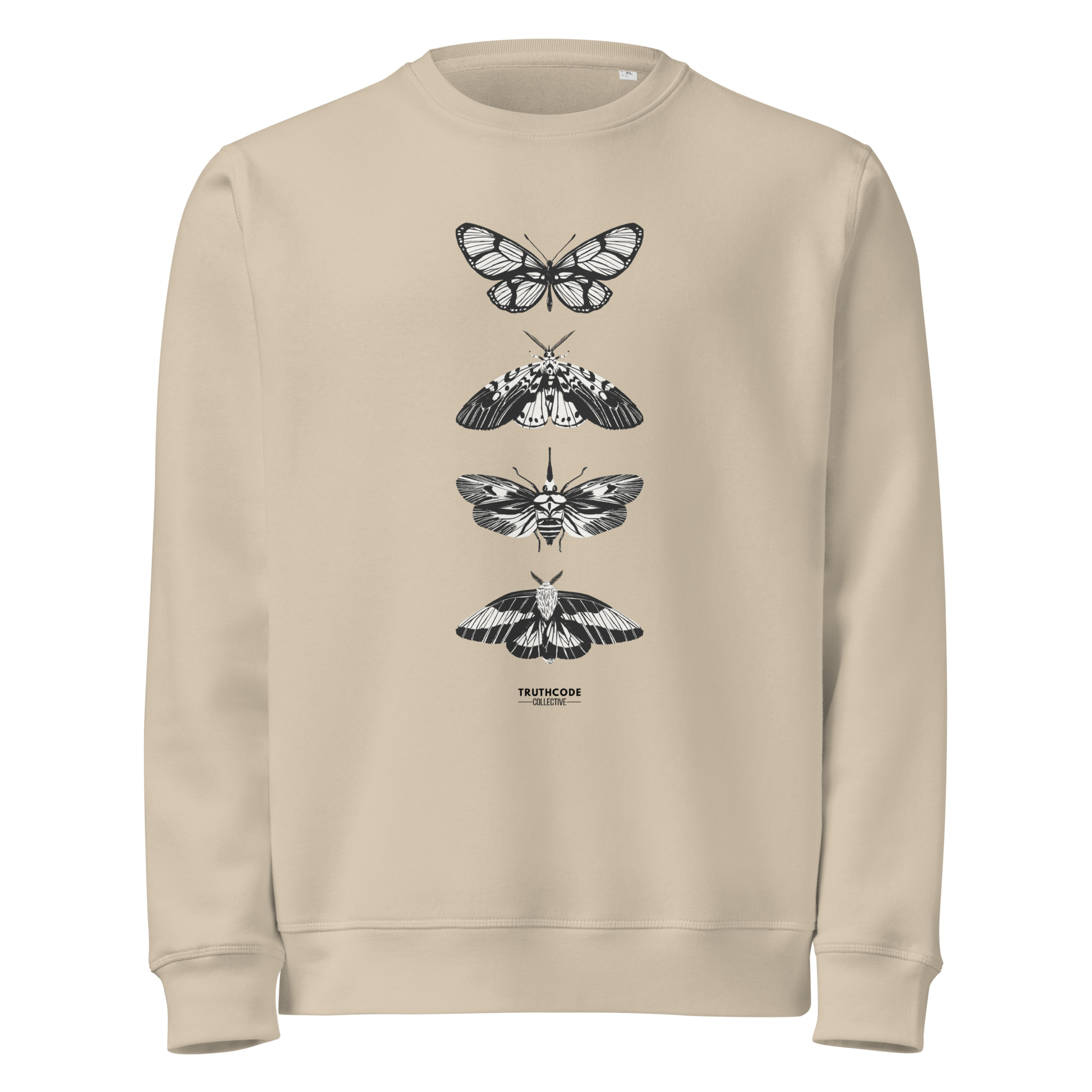 Beige organic sweatshirt with various butterfly designs on a white background