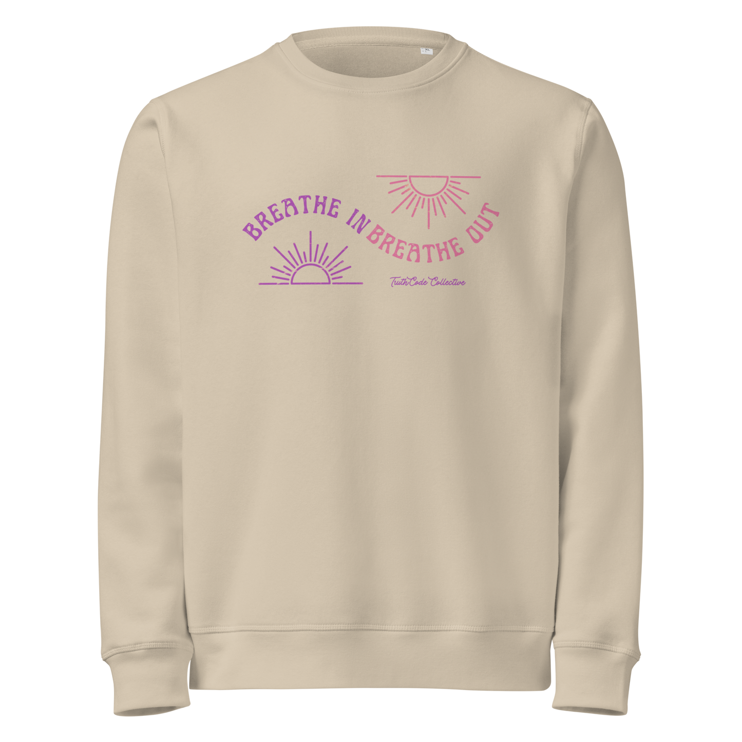 Beige organic sweatshirt with pink and purple sun design and text 'Breathe in breathe out' on a white background