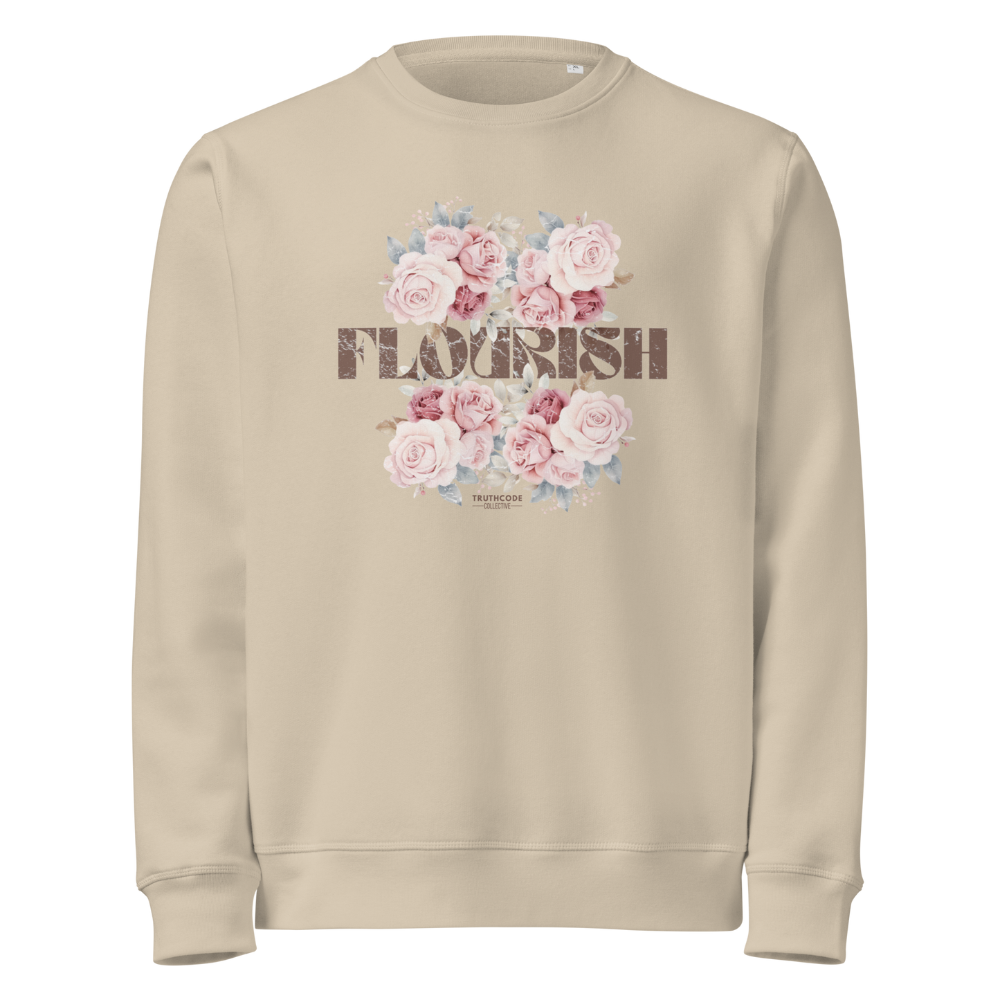 Beige organic sweatshirt with floral design and 'Flourish' text on a white background