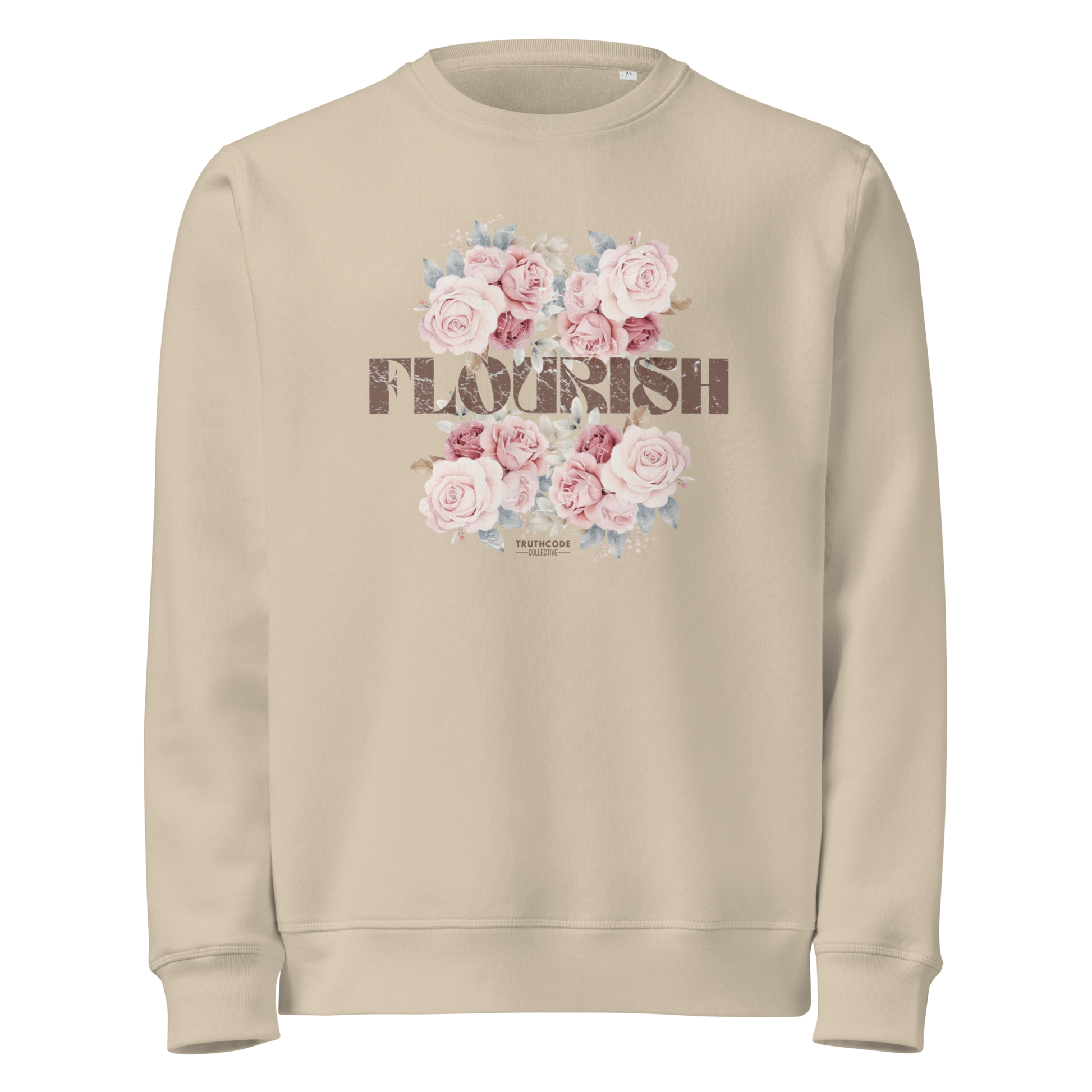Beige organic sweatshirt with floral design and 'Flourish' text on a white background