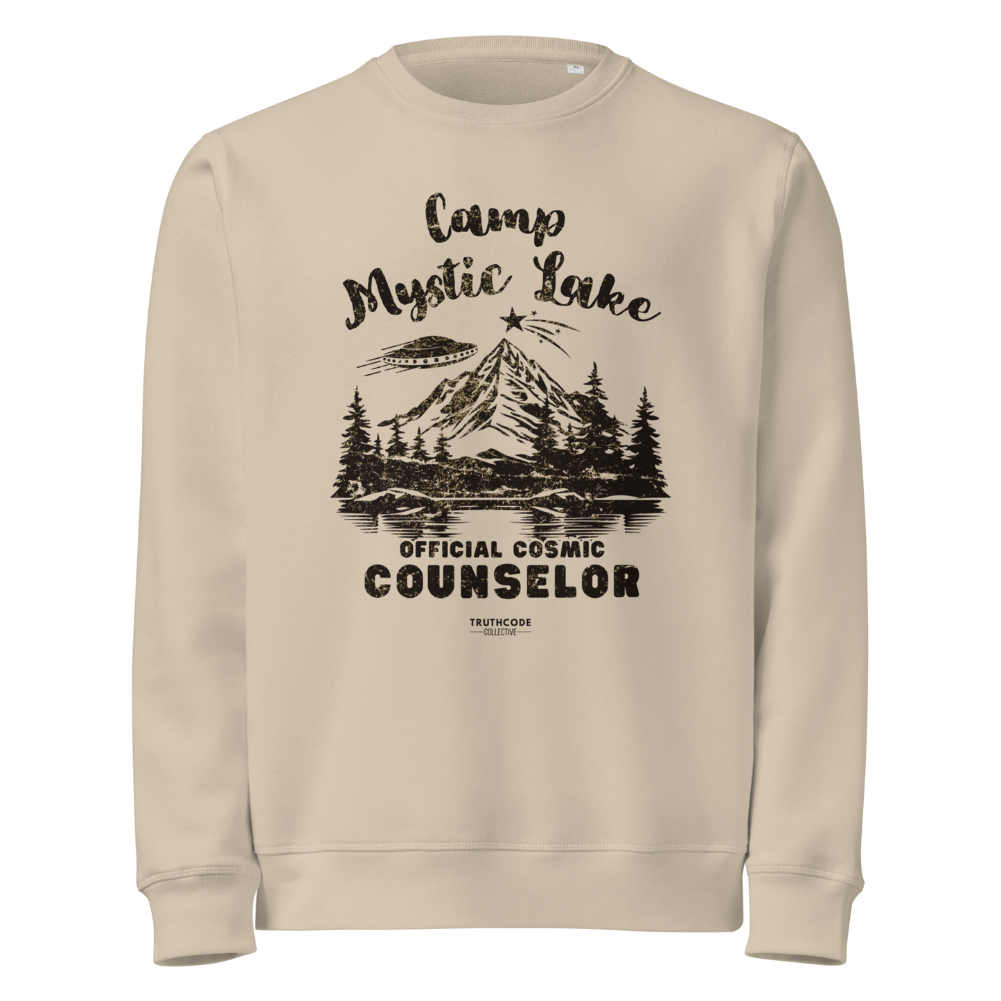 Beige organic sweatshirt with mountain scene and spaceship graphic design and text 'Camp Mystic Lake, official cosmic counselor' on a white background