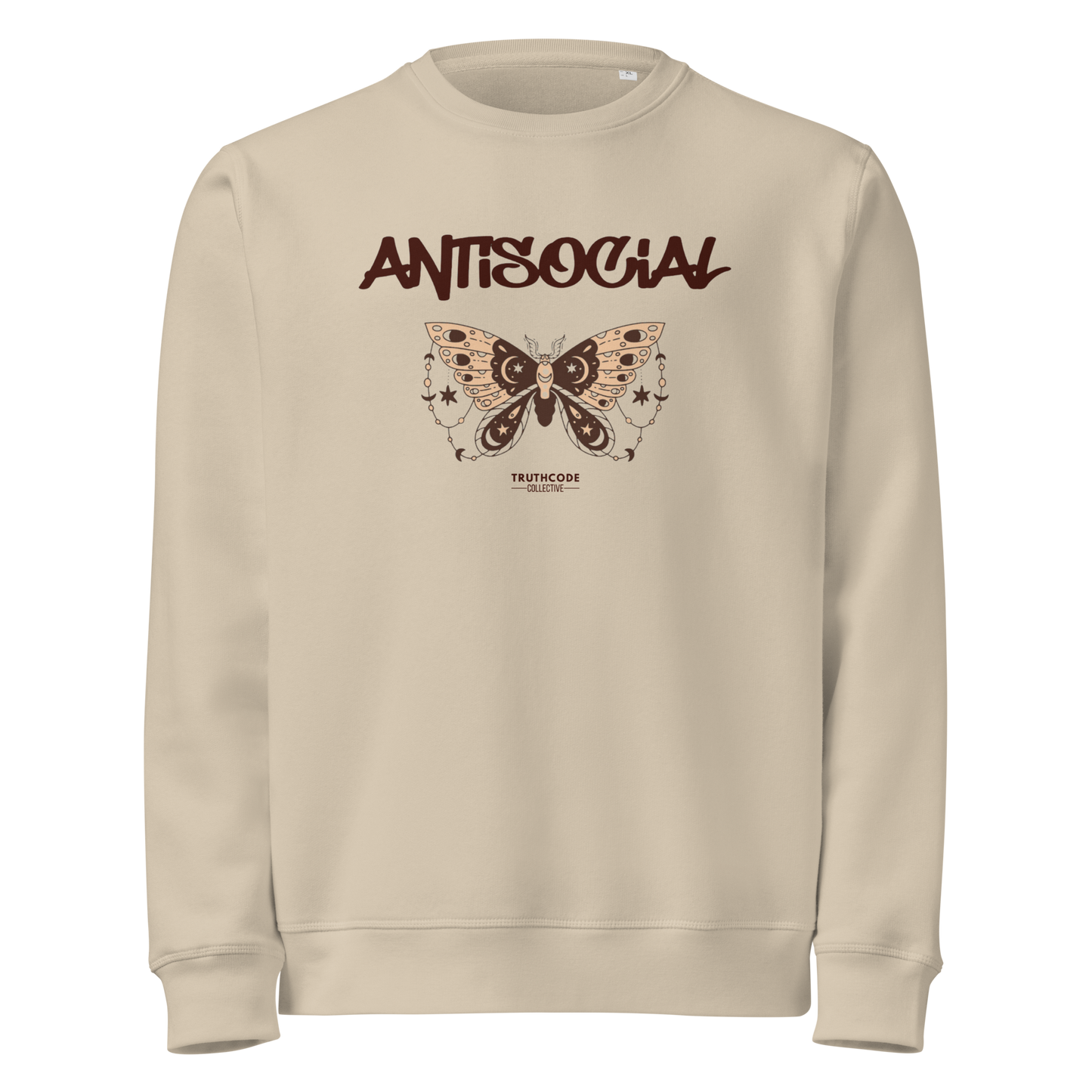 Beige organic sweatshirt with butterfly graphic and 'ANTISOCIAL' text on a white background
