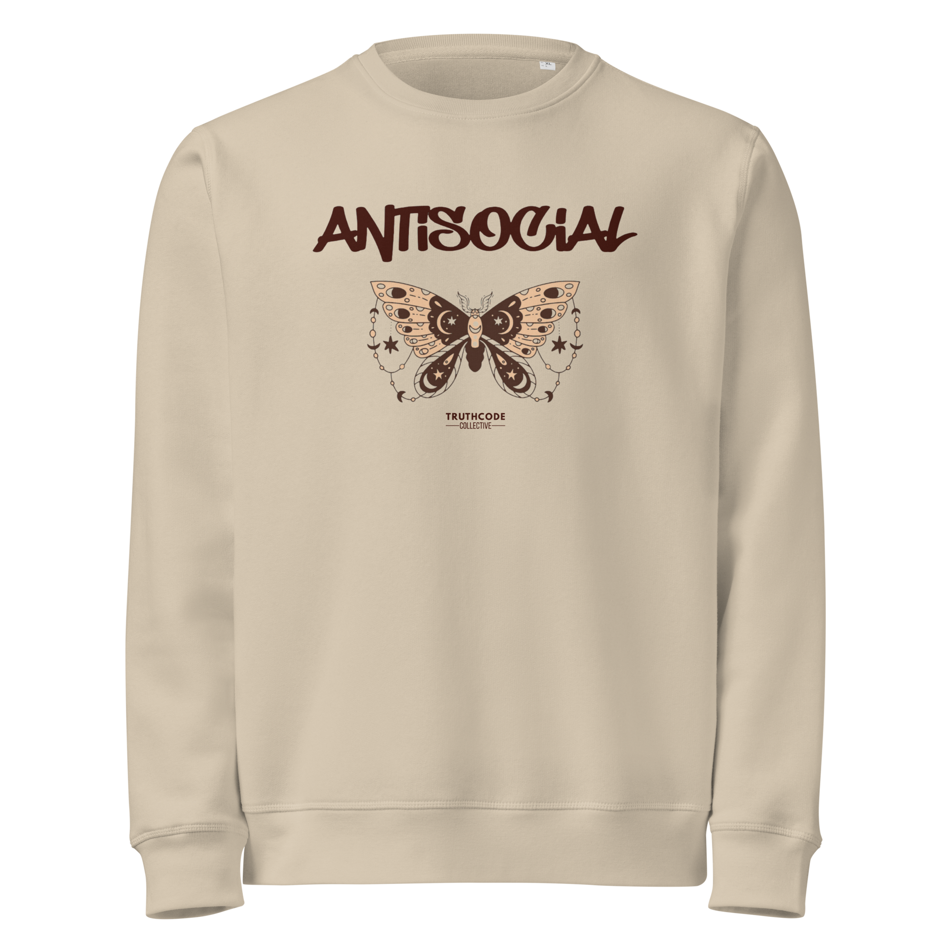 Beige organic sweatshirt with butterfly graphic and 'ANTISOCIAL' text on a white background