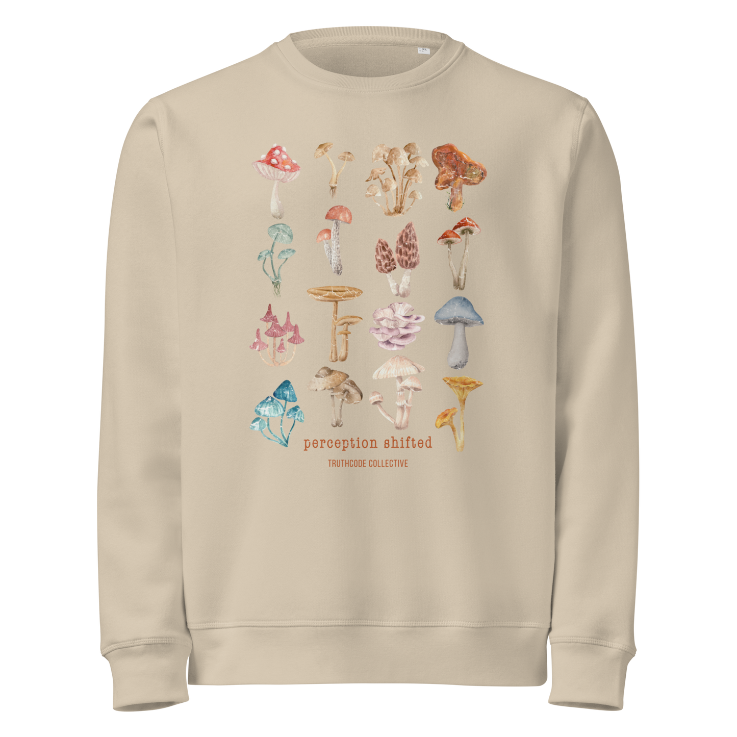 Beige organic sweatshirt with colorful mushroom illustrations and text 'Perception shifted' on a white background