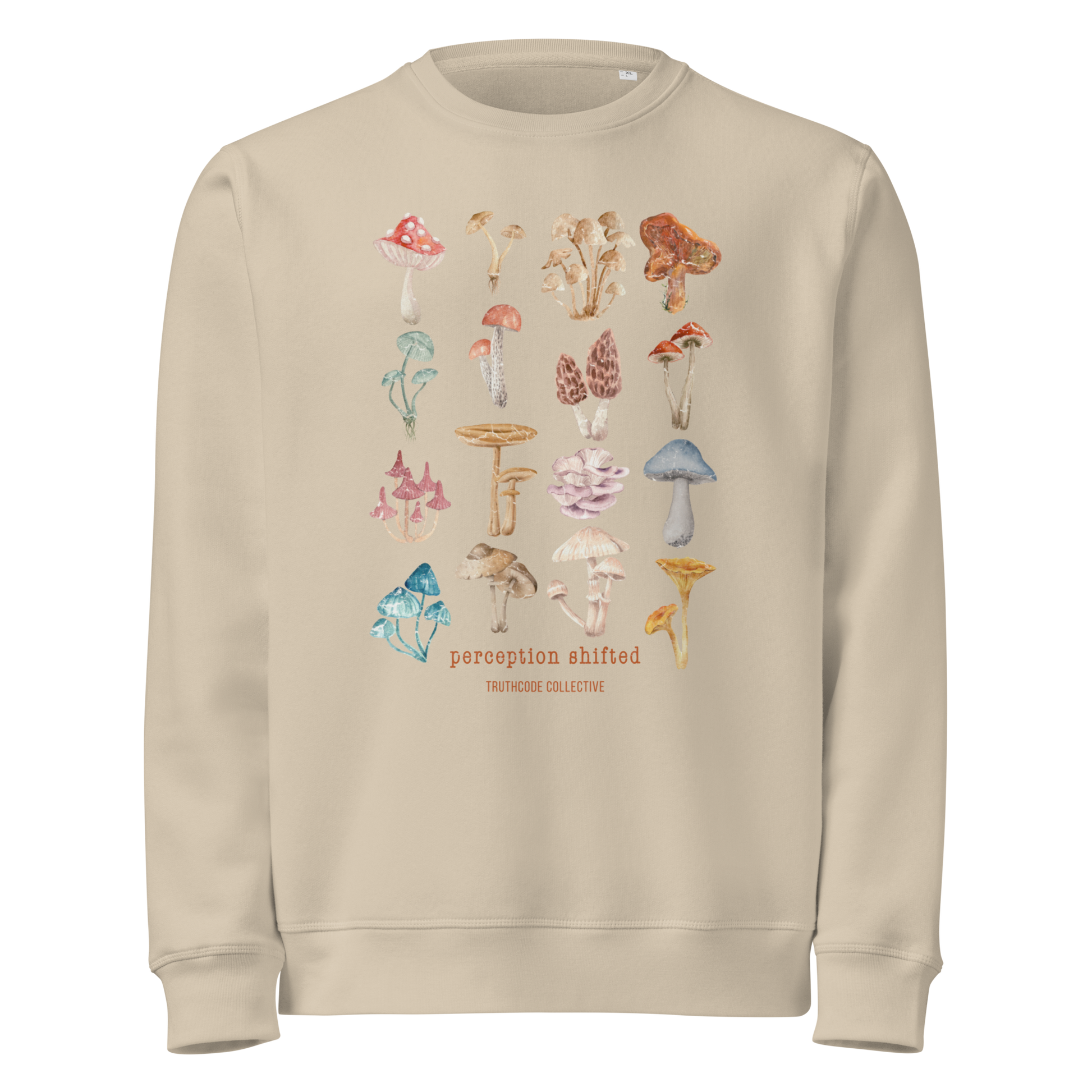 Beige organic sweatshirt with colorful mushroom illustrations and text 'Perception shifted' on a white background