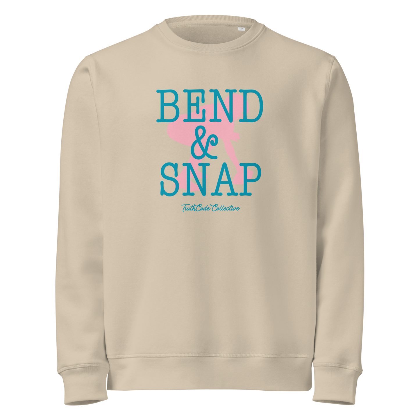 Beige organic sweatshirt with 'Bend & Snap' text and football player snapping football silhouette graphic on a white background