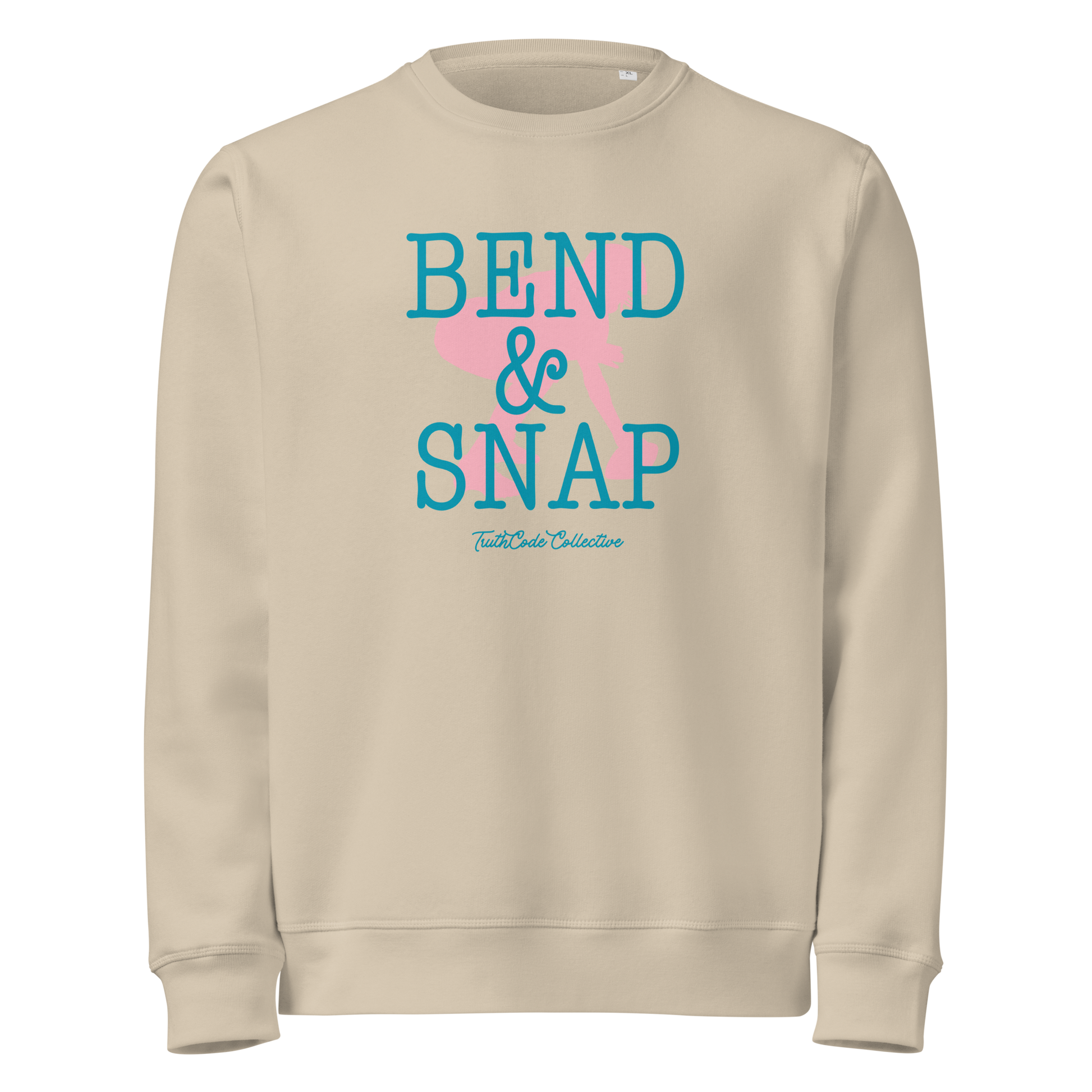 Beige organic sweatshirt with 'Bend & Snap' text and football player snapping football silhouette graphic on a white background