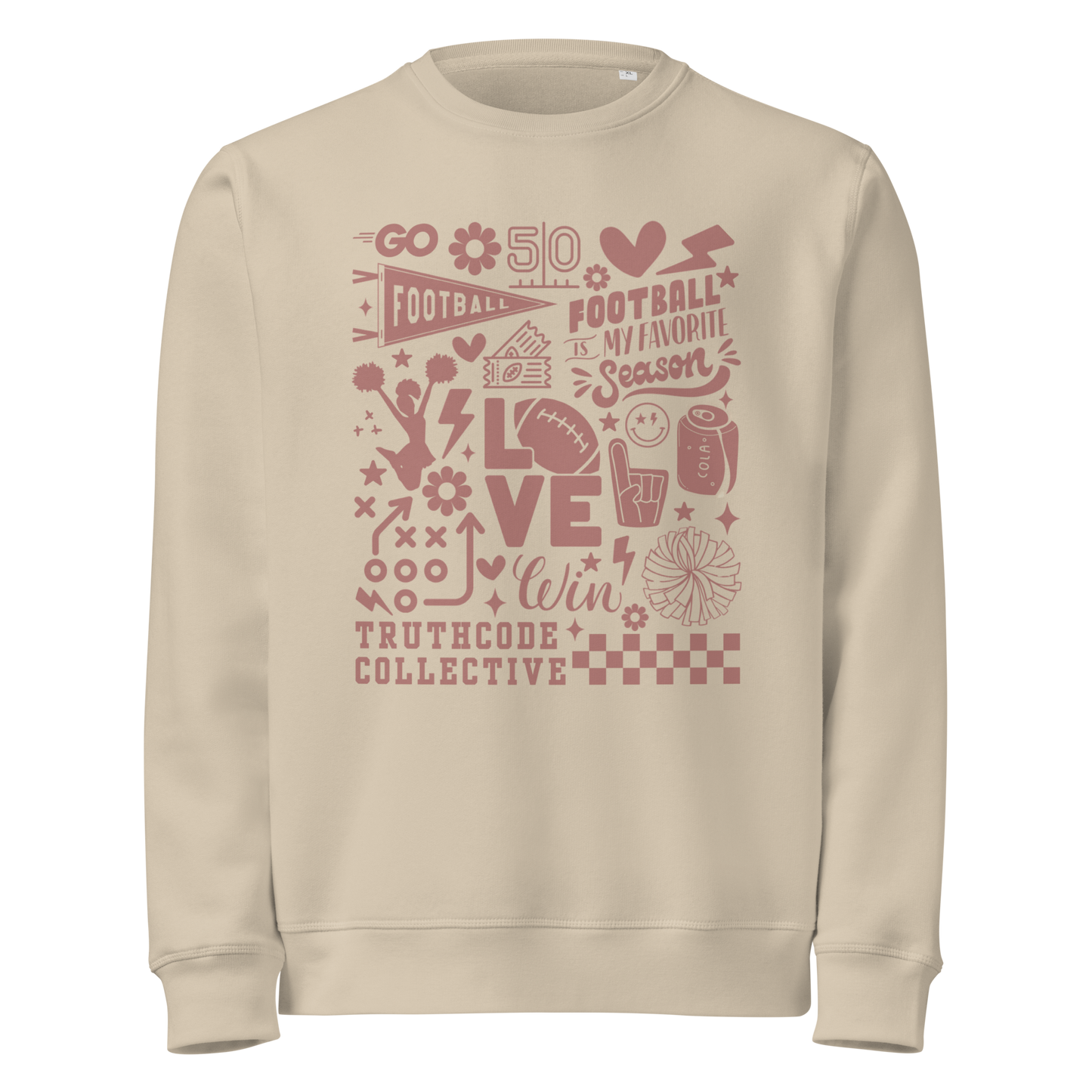 Beige organic sweatshirt with football themed graphics and text 'Football is my favorite season' on a white background