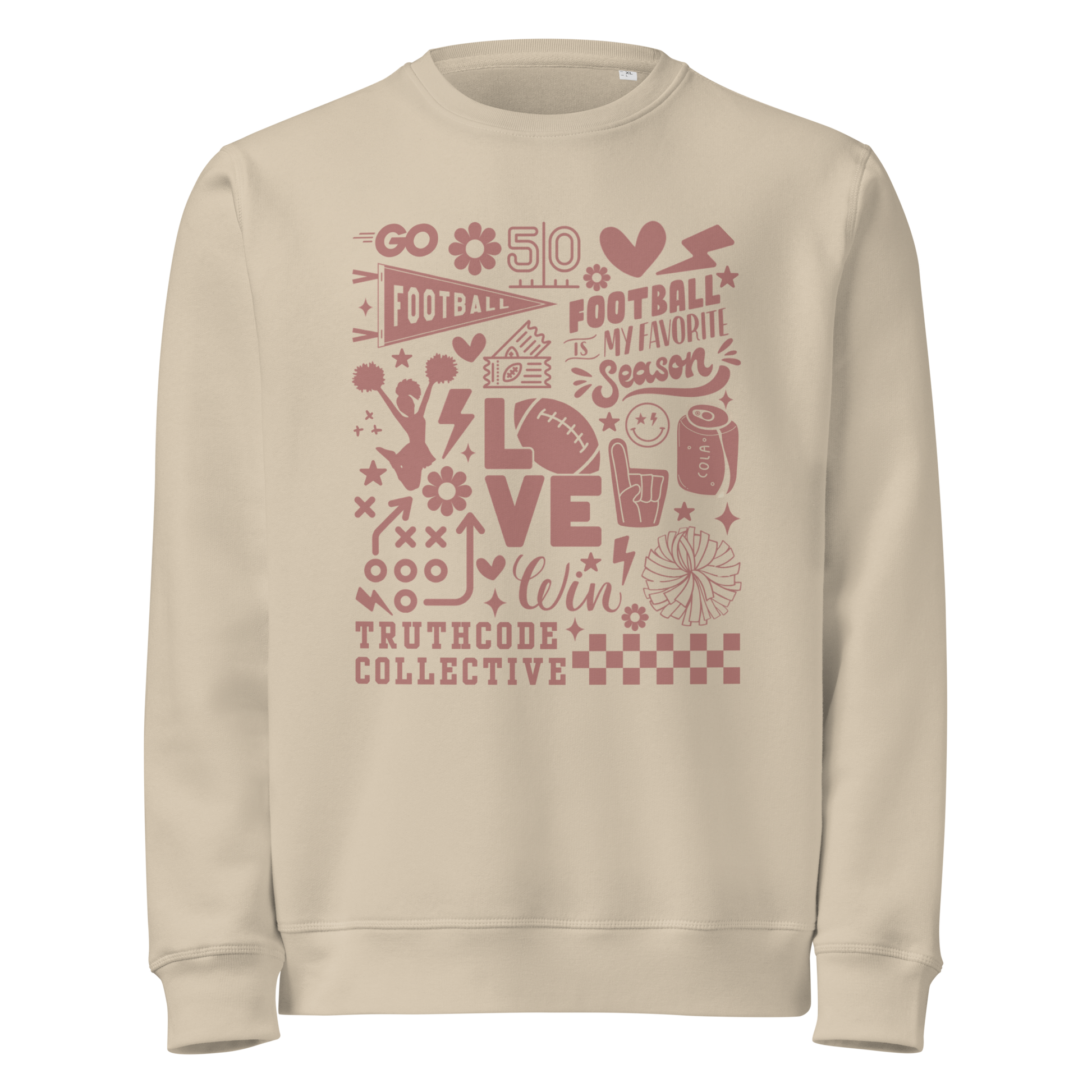 Beige organic sweatshirt with football themed graphics and text 'Football is my favorite season' on a white background