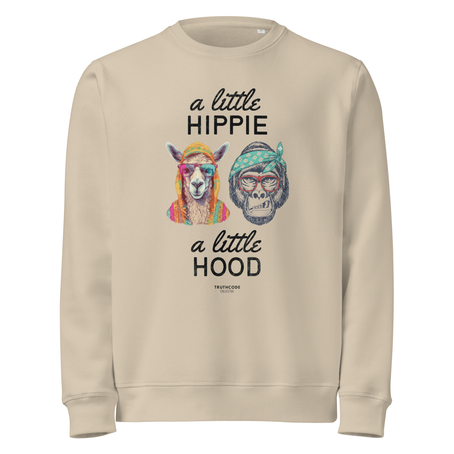 Beige organic sweatshirt with a graphic of a llama and monkey wearing headbands and text ' A little hippie, a little hood' on a white background