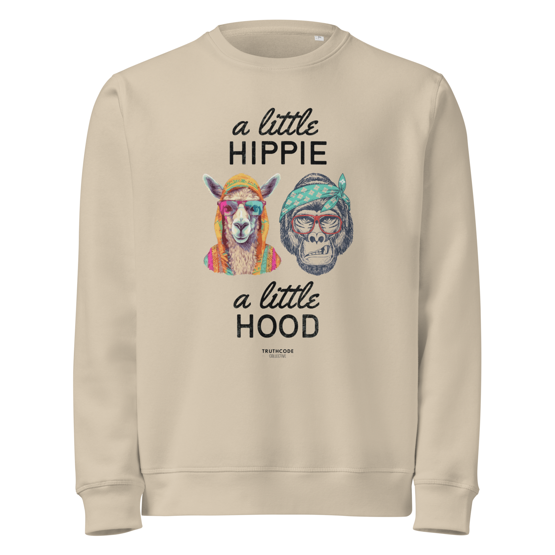 Beige organic sweatshirt with a graphic of a llama and monkey wearing headbands and text ' A little hippie, a little hood' on a white background