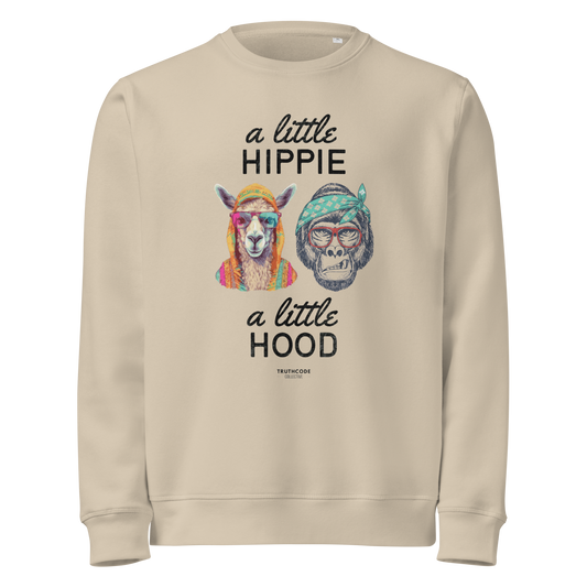 Beige organic sweatshirt with a graphic of a llama and monkey wearing headbands and text ' A little hippie, a little hood' on a white background