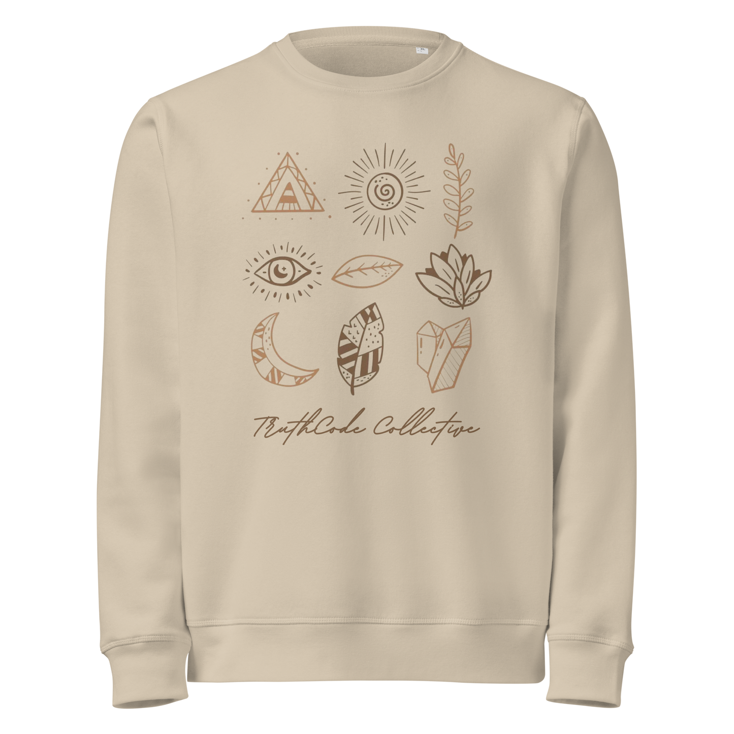 Beige organic sweatshirt with nature-themed graphics and 'TruthCode Collective' text on a white background
