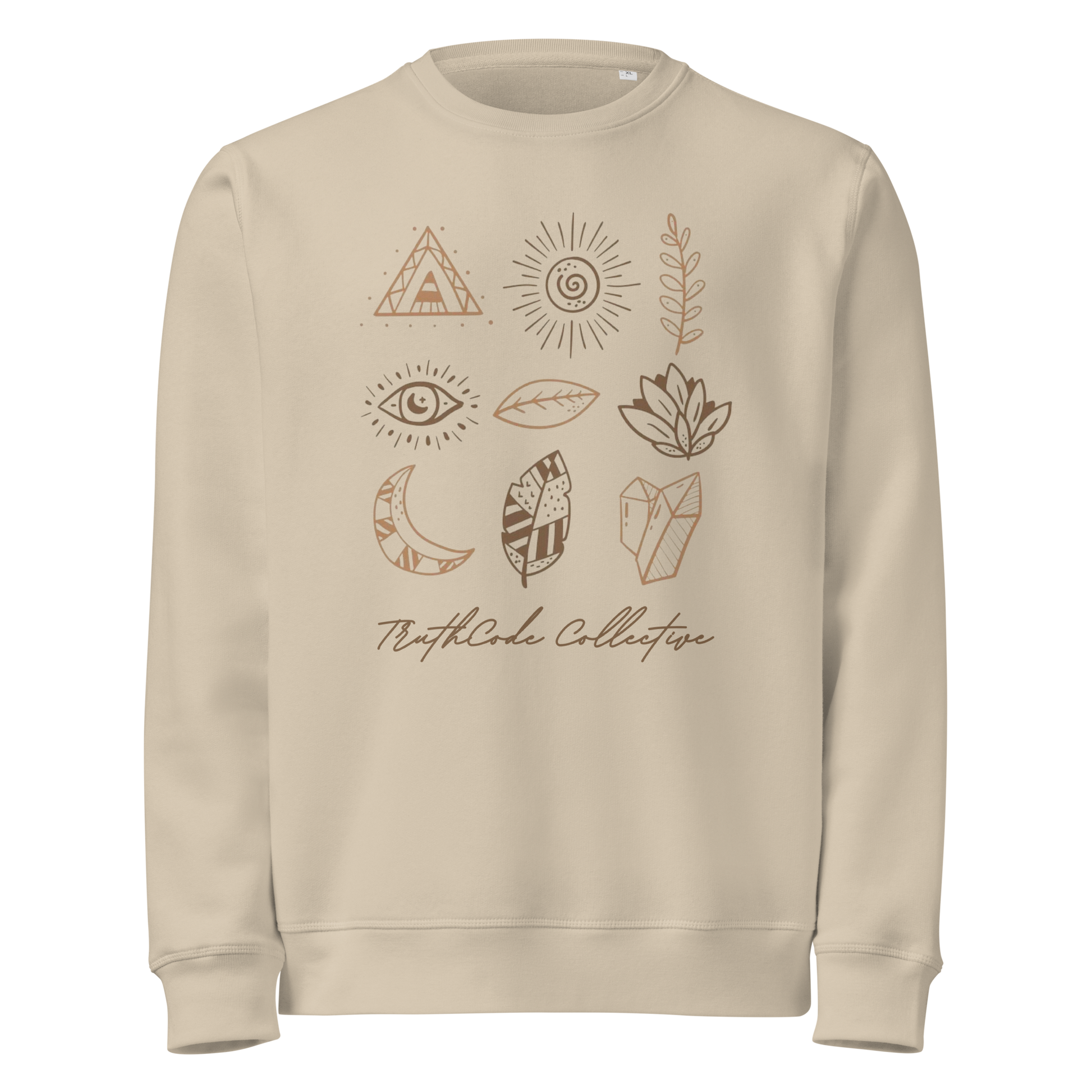 Beige organic sweatshirt with nature-themed graphics and 'TruthCode Collective' text on a white background