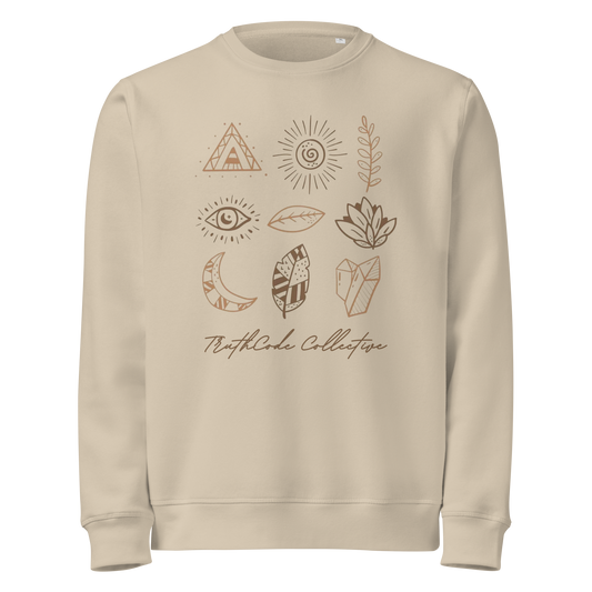 Beige organic sweatshirt with nature-themed graphics and 'TruthCode Collective' text on a white background