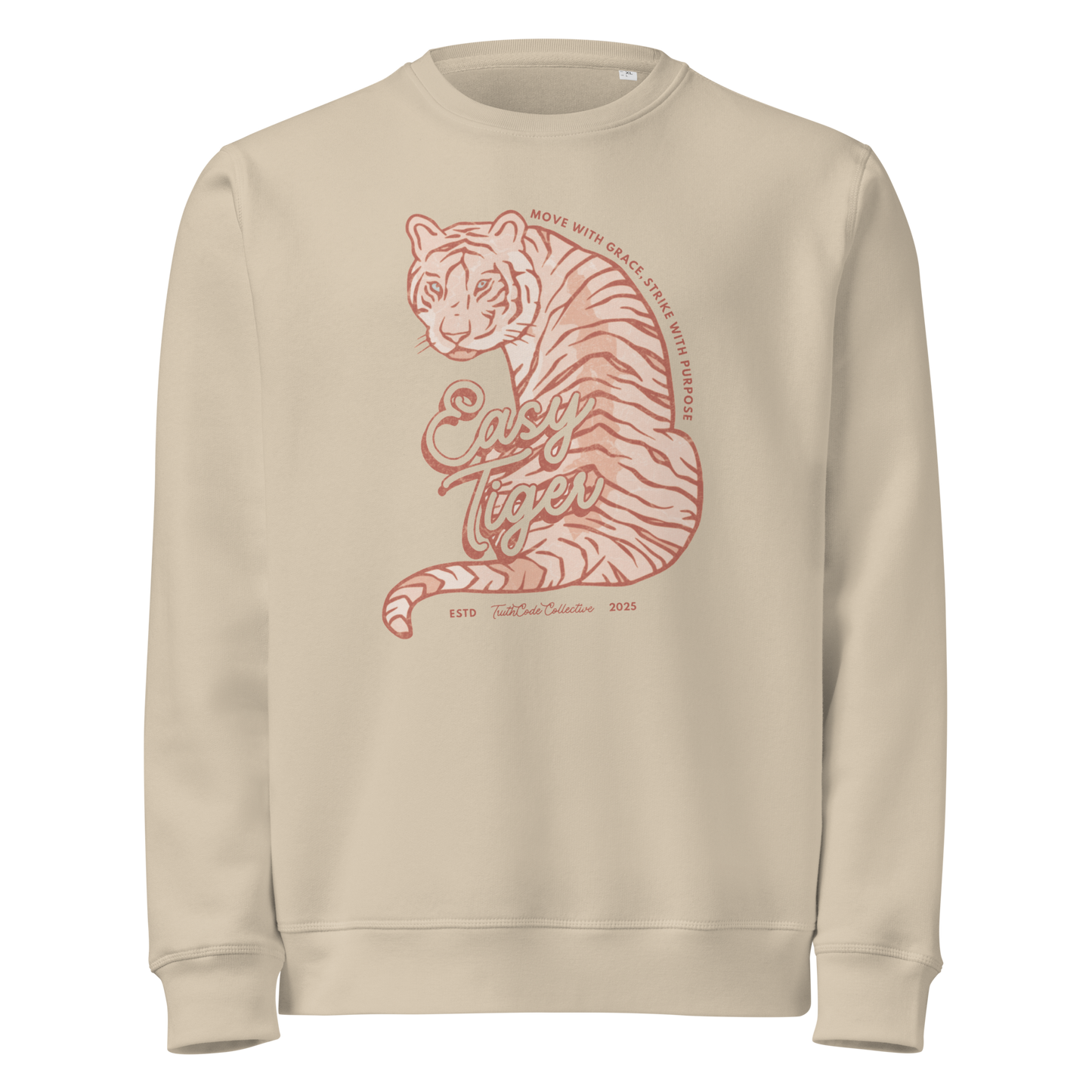 Beige organic sweatshirt with a tiger graphic and 'Easy Tiger' text on a white background