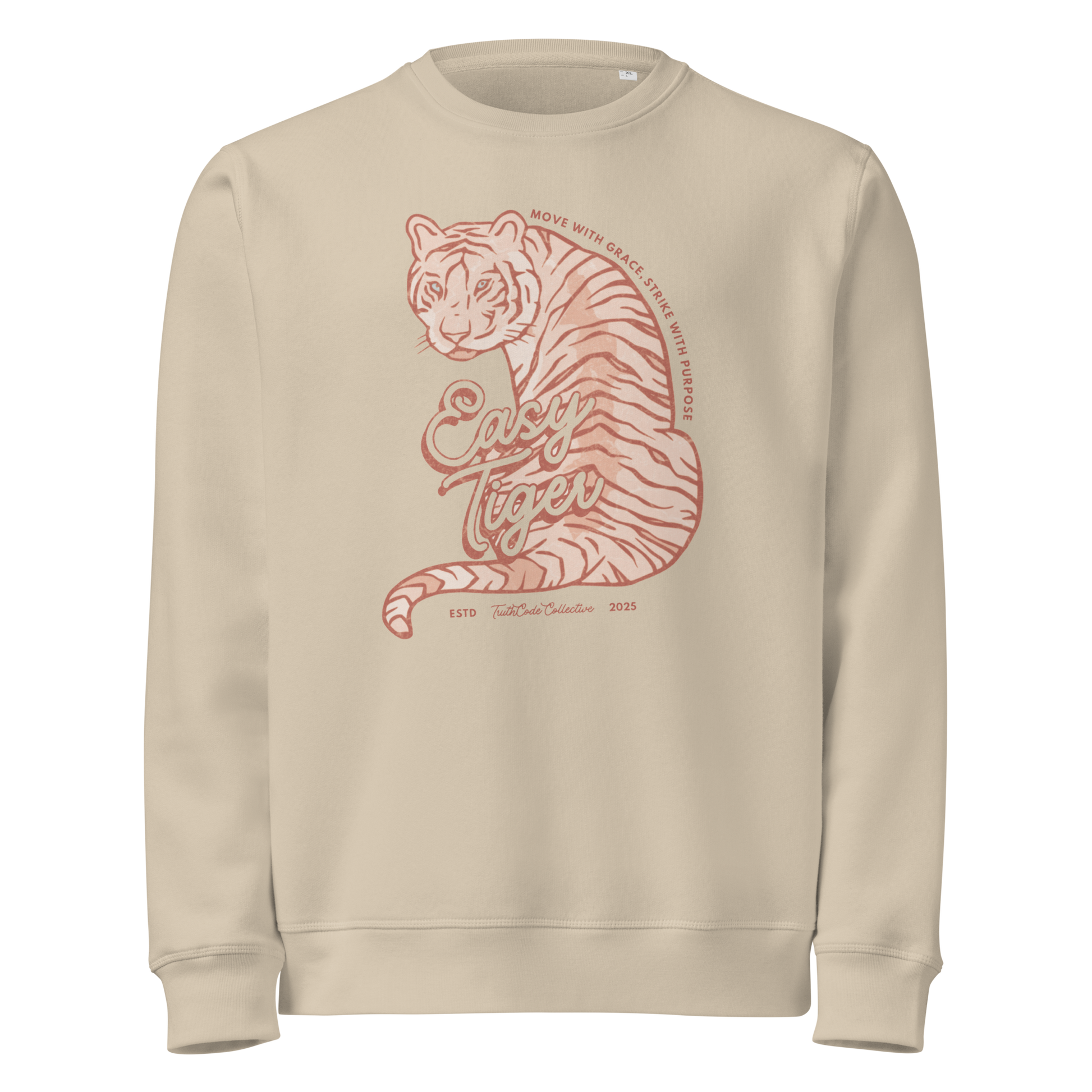 Beige organic sweatshirt with a tiger graphic and 'Easy Tiger' text on a white background