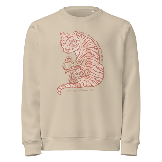 Beige organic sweatshirt with a tiger graphic and 'Easy Tiger' text on a white background