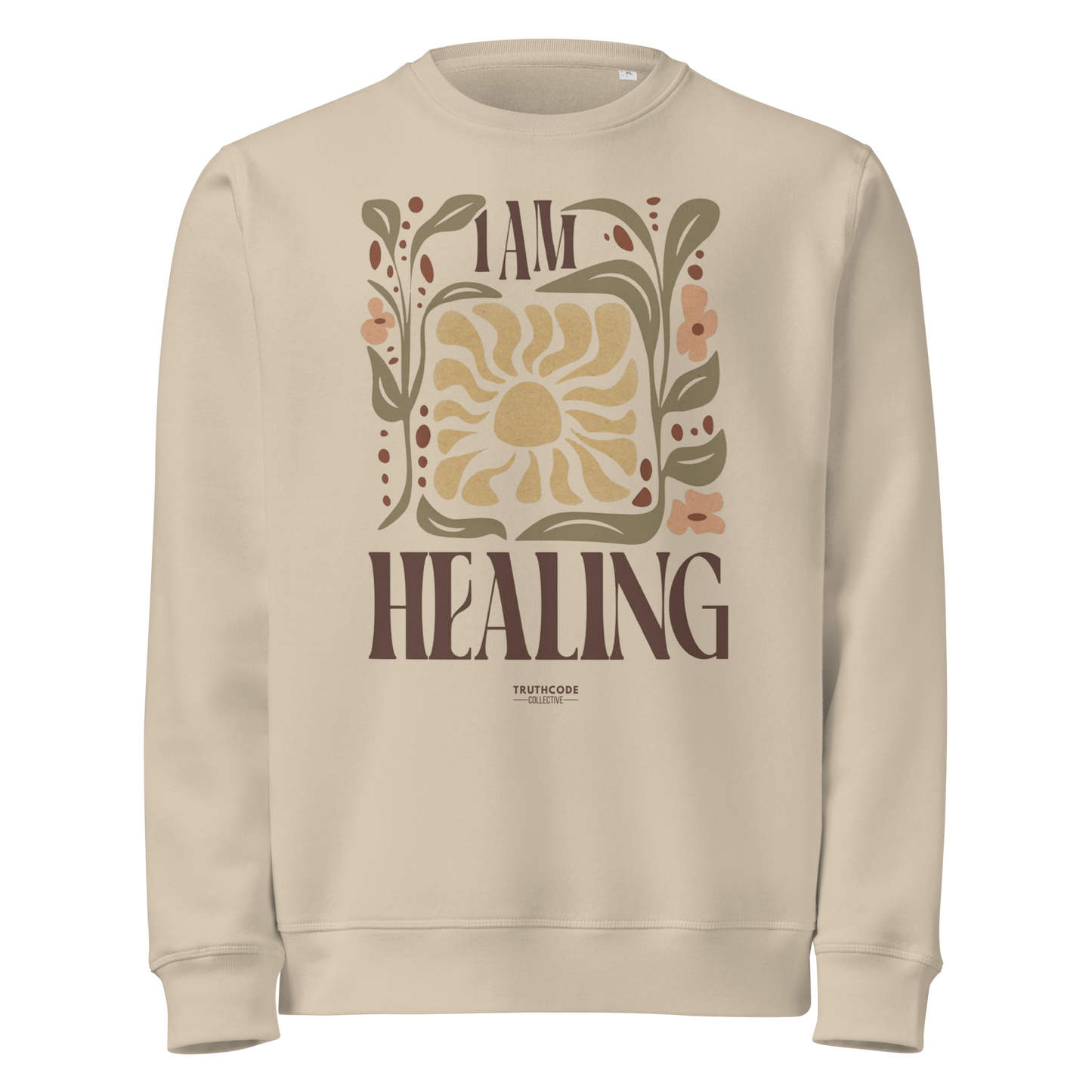 Beige organic sweatshirt with 'I AM HEALING' text and sun and plants design on a white background