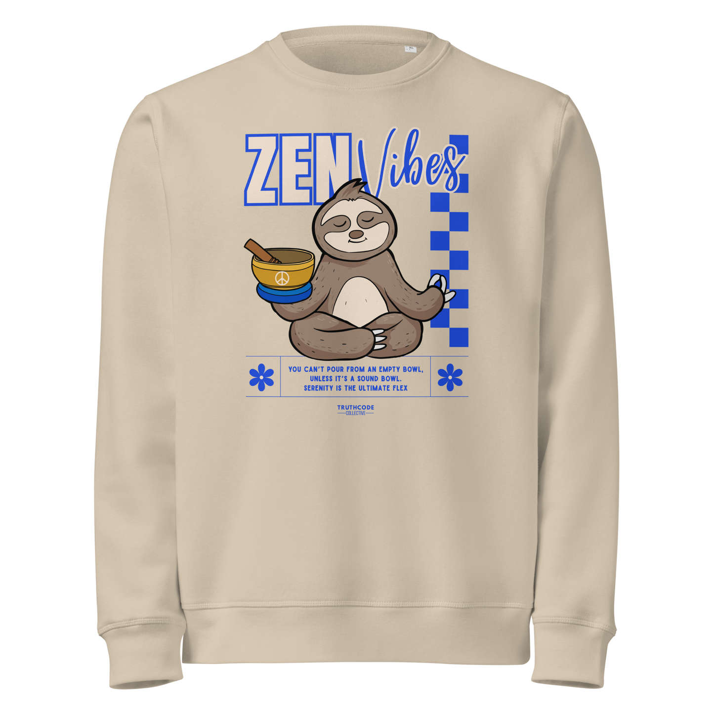 Beige organic sweatshirt with a sloth graphic and 'Zen Vibes' text on a white background