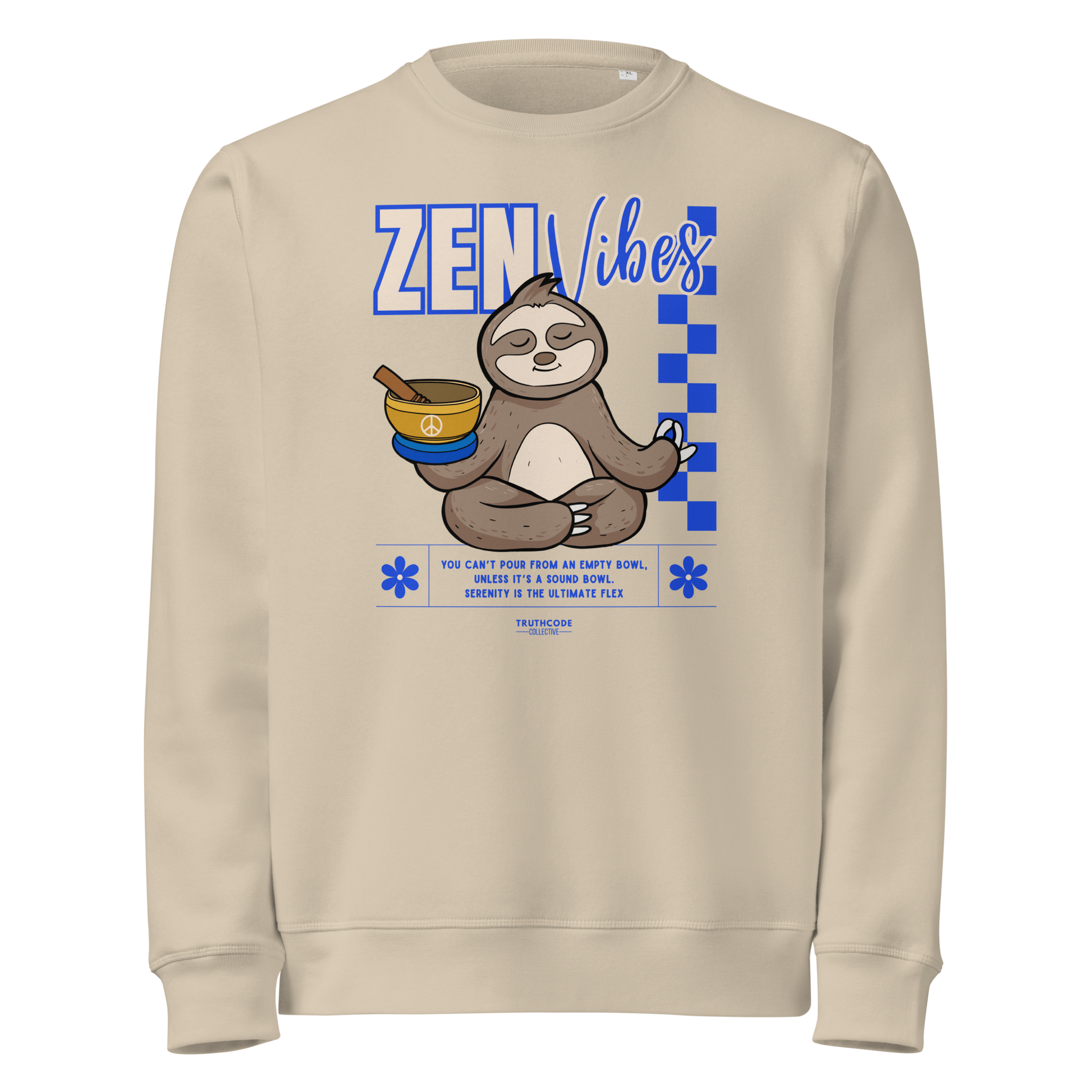Beige organic sweatshirt with a sloth graphic and 'Zen Vibes' text on a white background
