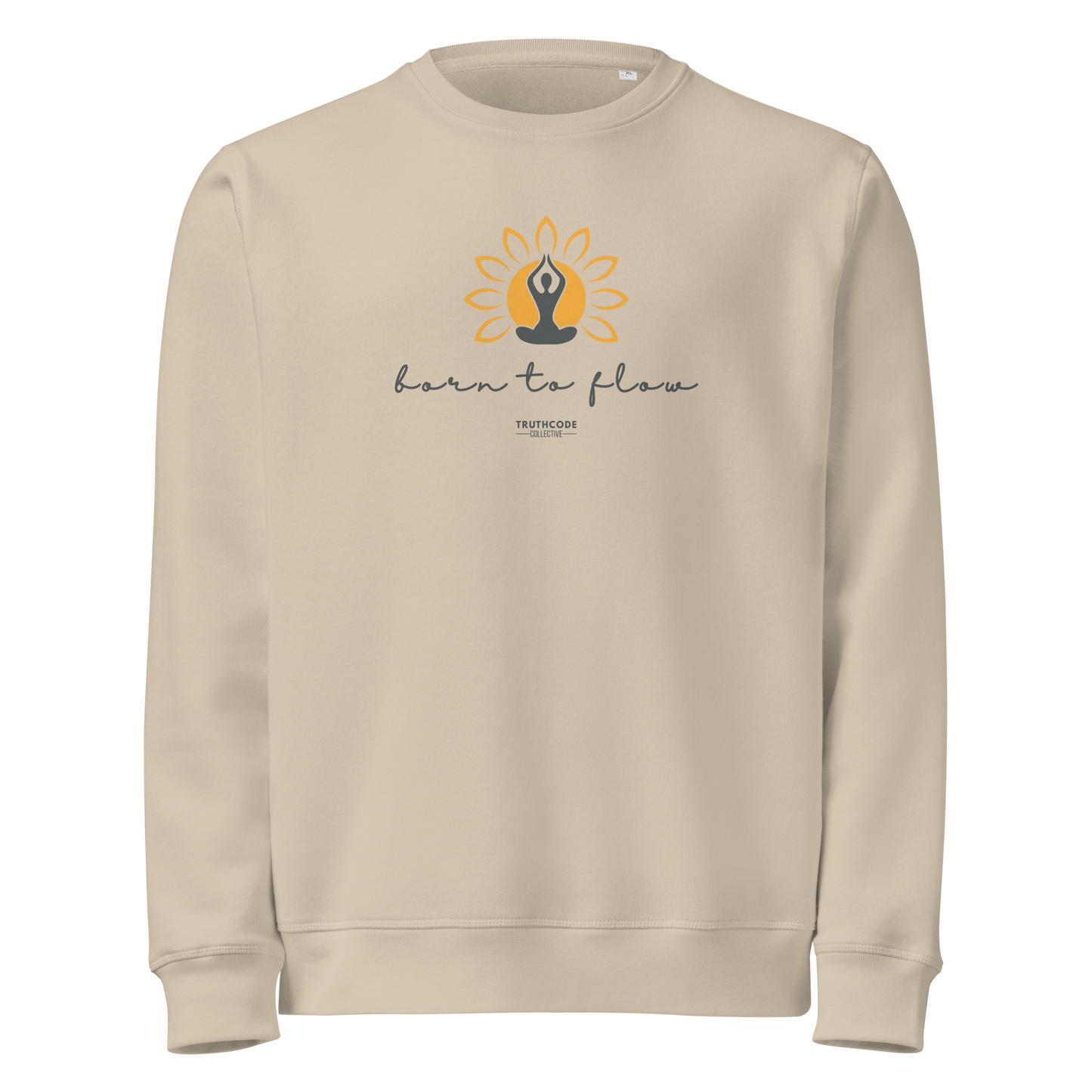 Beige organic sweatshirt with a flower design with person meditating design and 'born to flow' text on a white background