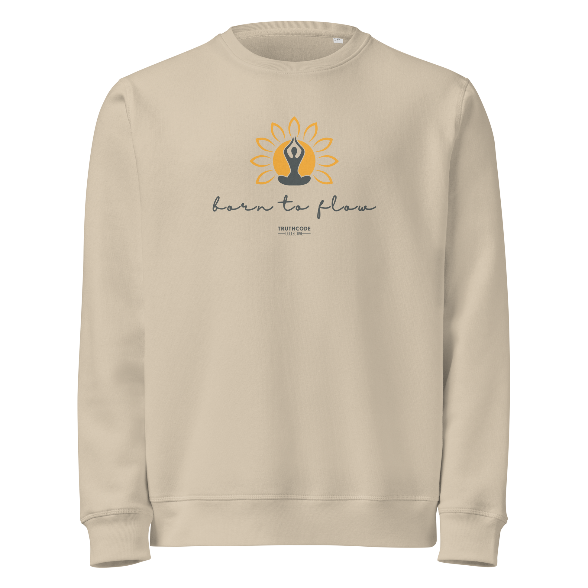 Beige organic sweatshirt with a flower design with person meditating design and 'born to flow' text on a white background