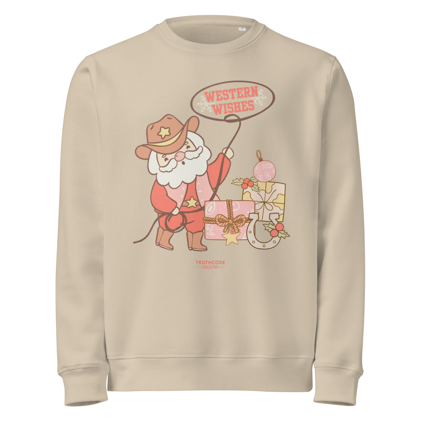 Beige organic sweatshirt with a cowboy Santa Claus graphic and 'Western Wishes' text on a white background.