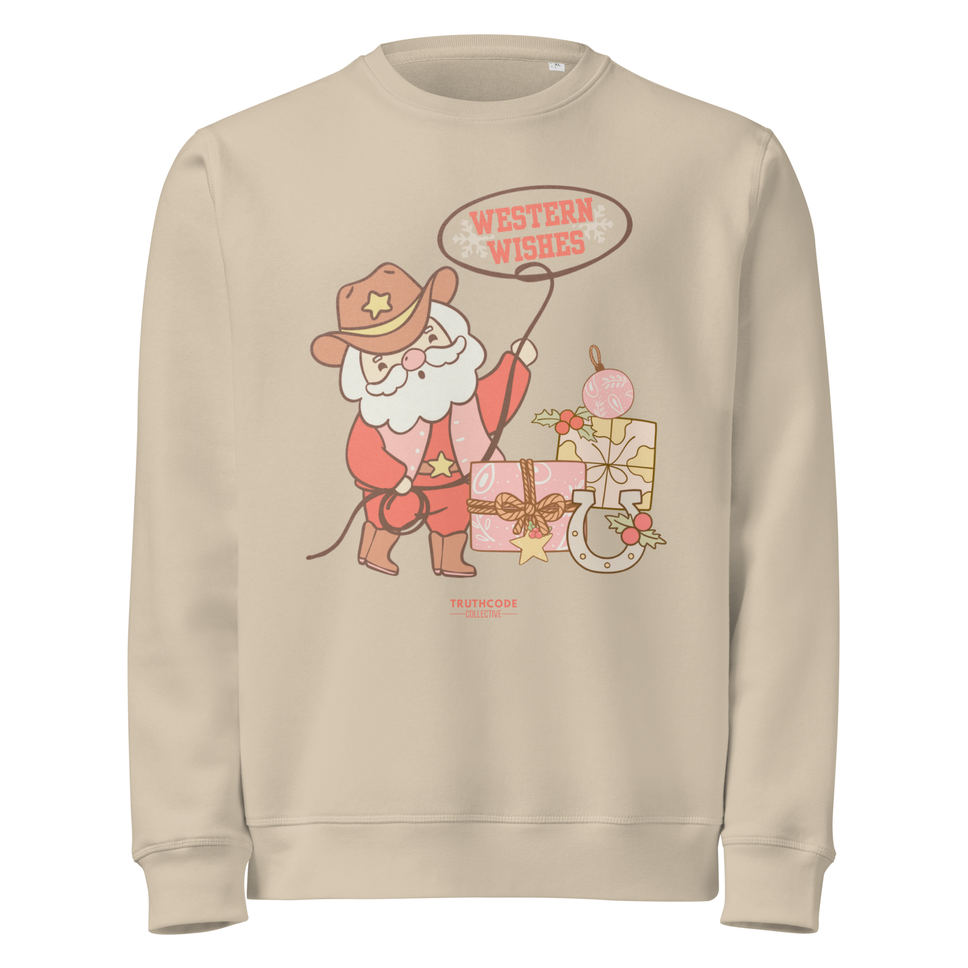 Beige organic sweatshirt with a cowboy Santa Claus graphic and 'Western Wishes' text on a white background.
