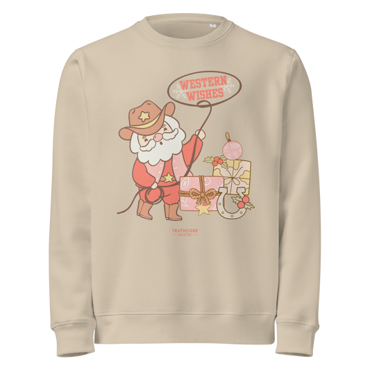 Beige organic sweatshirt with a cowboy Santa Claus graphic and 'Western Wishes' text on a white background.