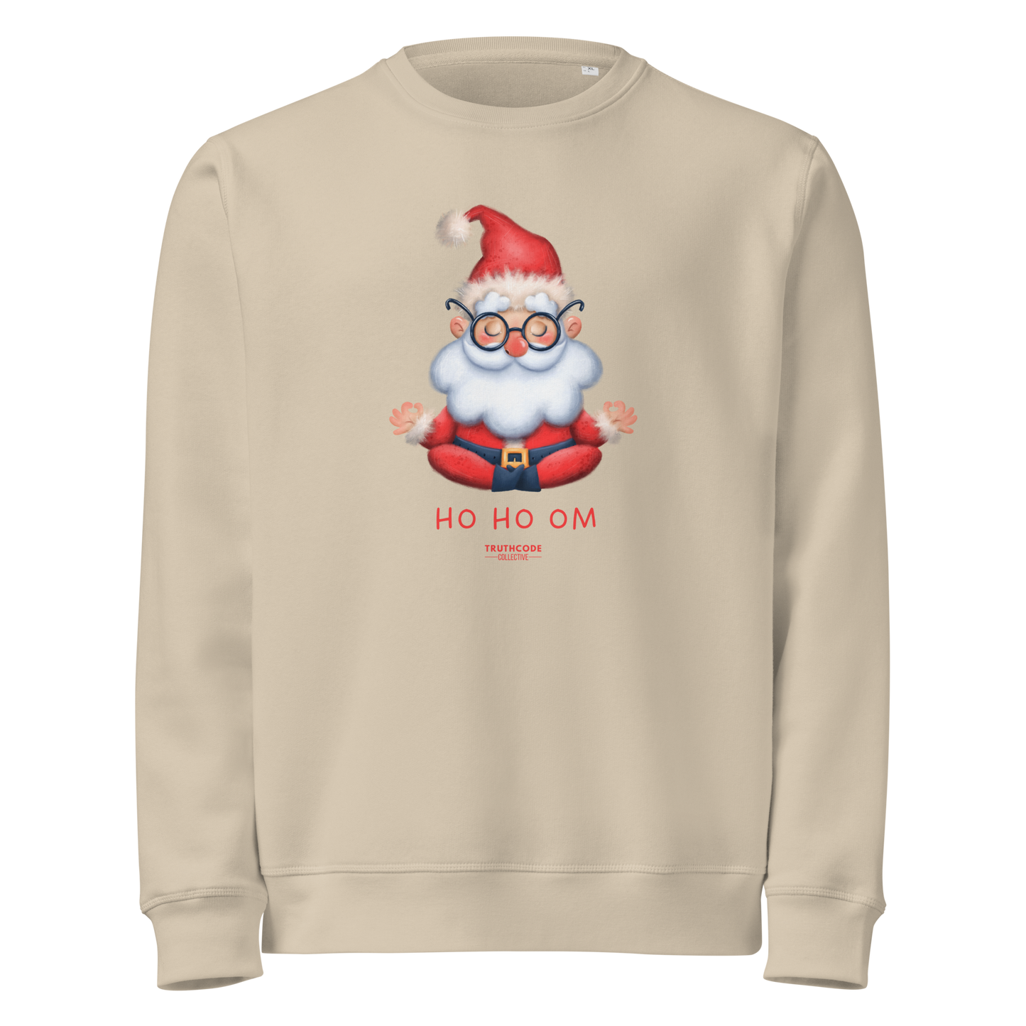 Beige organic sweatshirt with a cartoon Santa Claus meditating design and text 'HO HO OM' on a white background