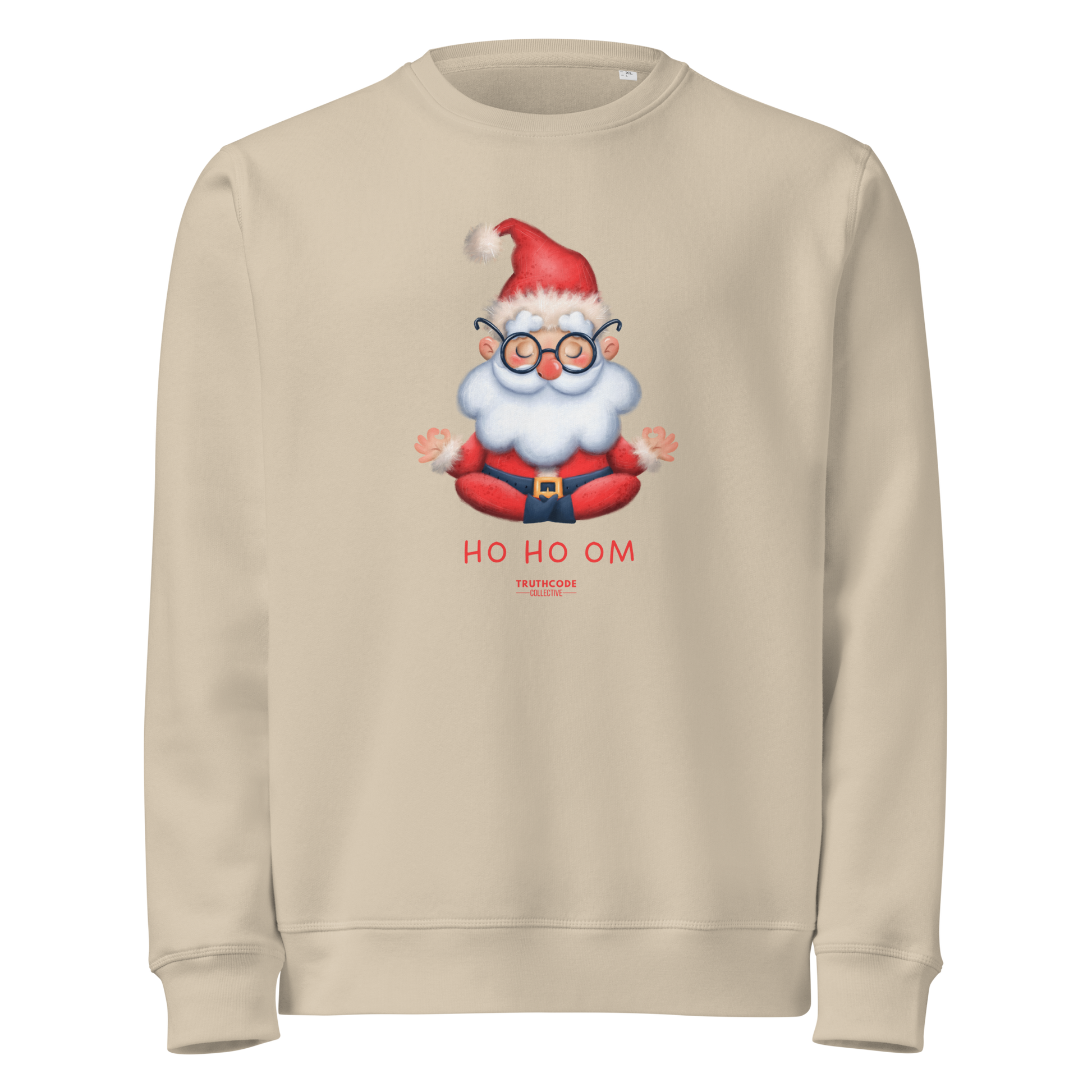 Beige organic sweatshirt with a cartoon Santa Claus meditating design and text 'HO HO OM' on a white background