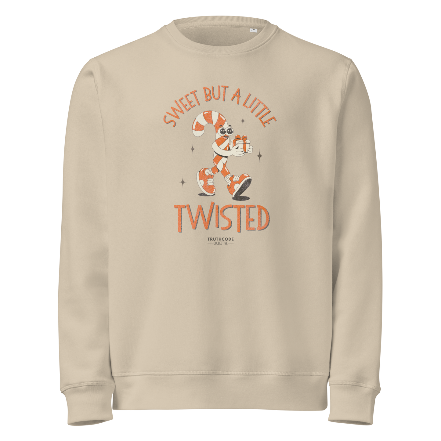 Beige organic sweatshirt with candy cane-themed design and text 'Sweet but a little twisted' on a white background