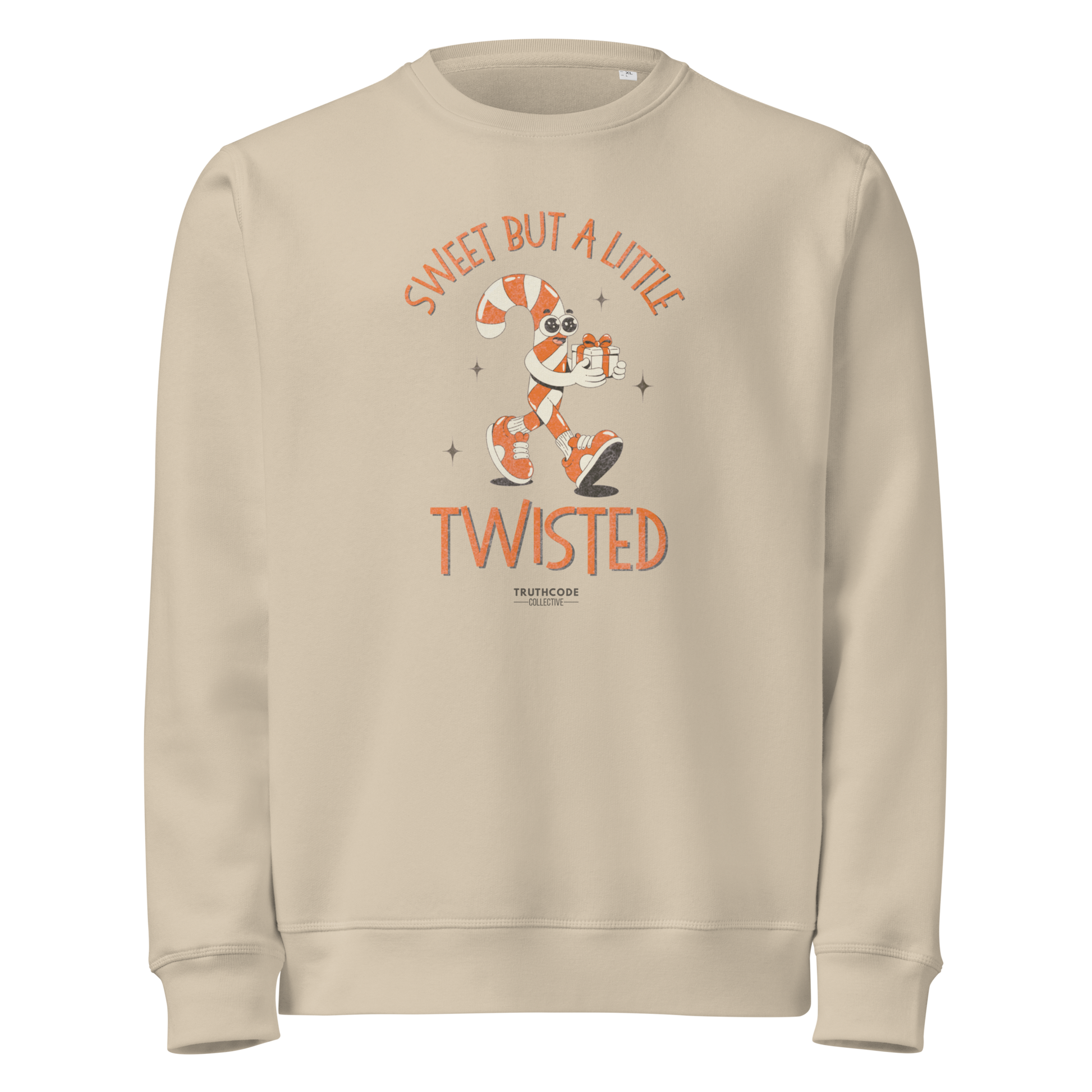 Beige organic sweatshirt with candy cane-themed design and text 'Sweet but a little twisted' on a white background