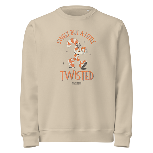 Beige organic sweatshirt with candy cane-themed design and text 'Sweet but a little twisted' on a white background