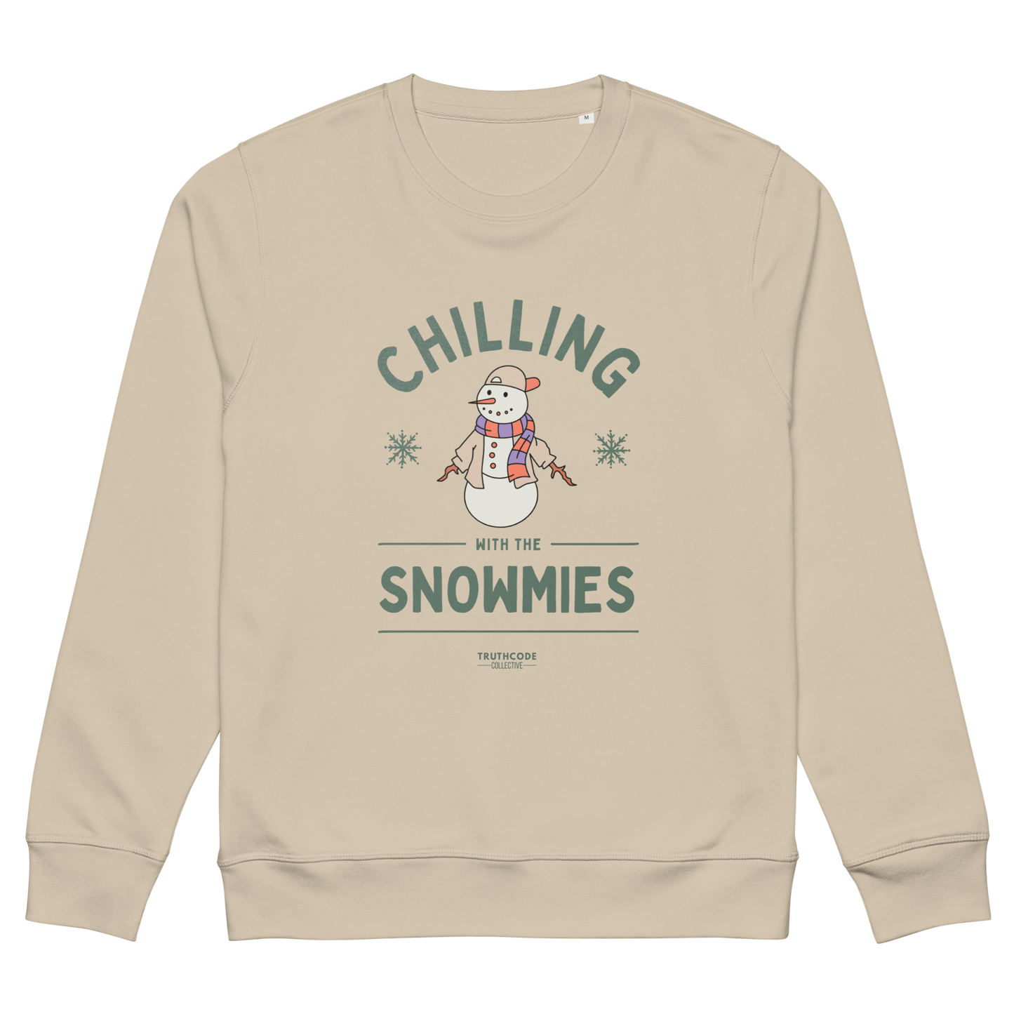 Beige organic sweatshirt with a snowman graphic and text 'Chilling with the Snowmies' on a white background