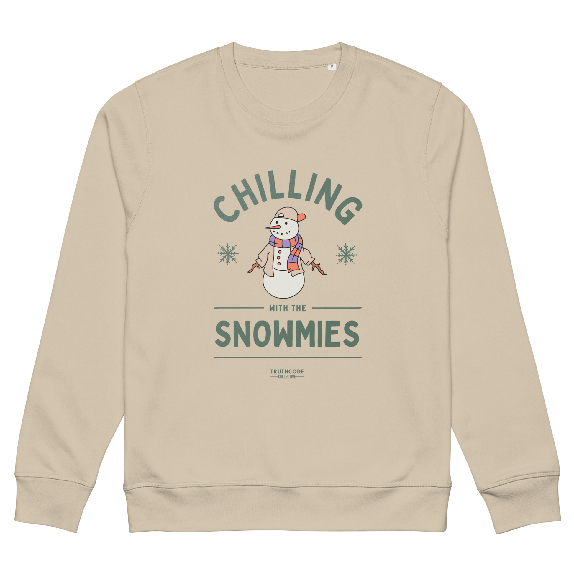 Beige organic sweatshirt with a snowman graphic and text 'Chilling with the Snowmies' on a white background