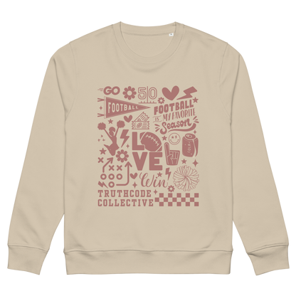 Beige organic sweatshirt with football collage graphic design and 'Football is my favorite season' on a white background