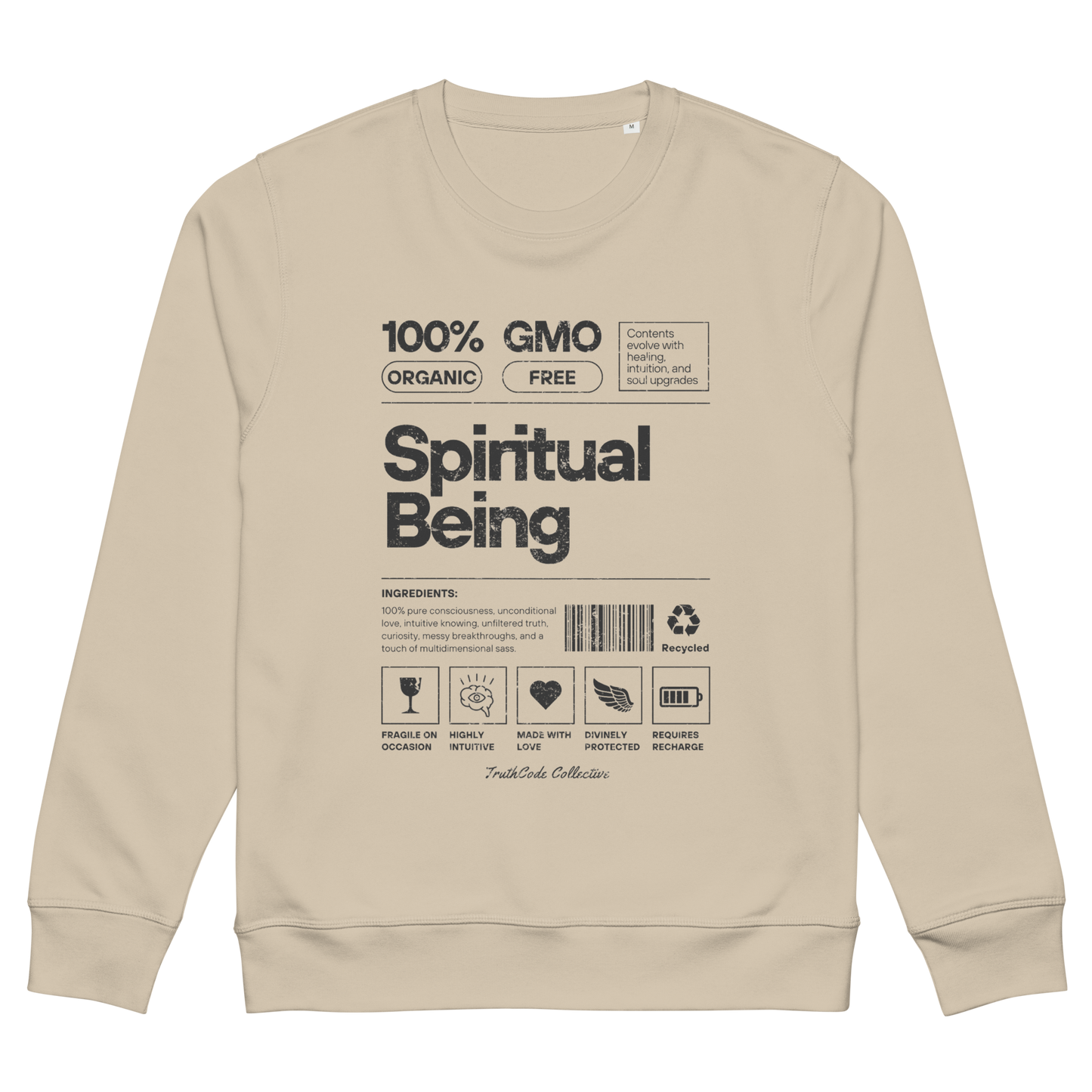 Beige organic sweatshirt with text 'Spiritual being' and graphics resembling a laundry tag on a white background