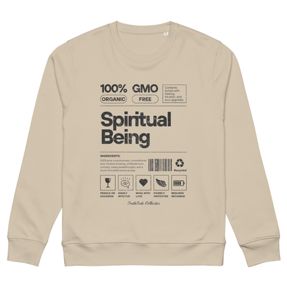 Beige organic sweatshirt with text 'Spiritual being' and graphics resembling a laundry tag on a white background